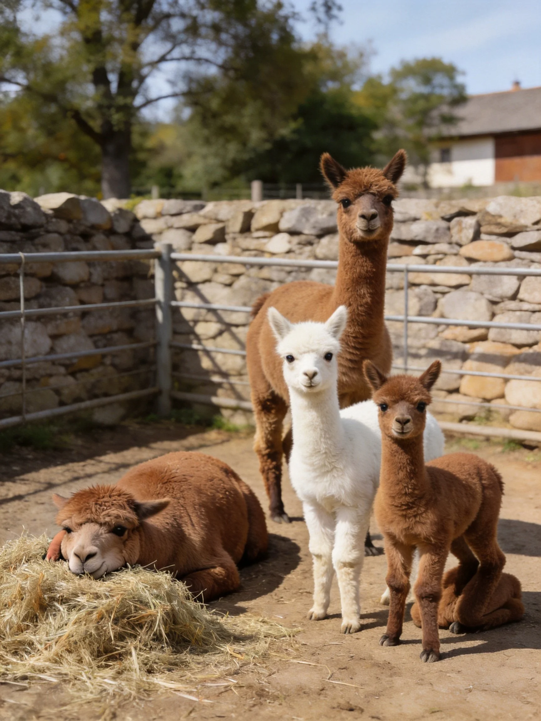Four alpacas of varied hues in a stone-walled enclosure