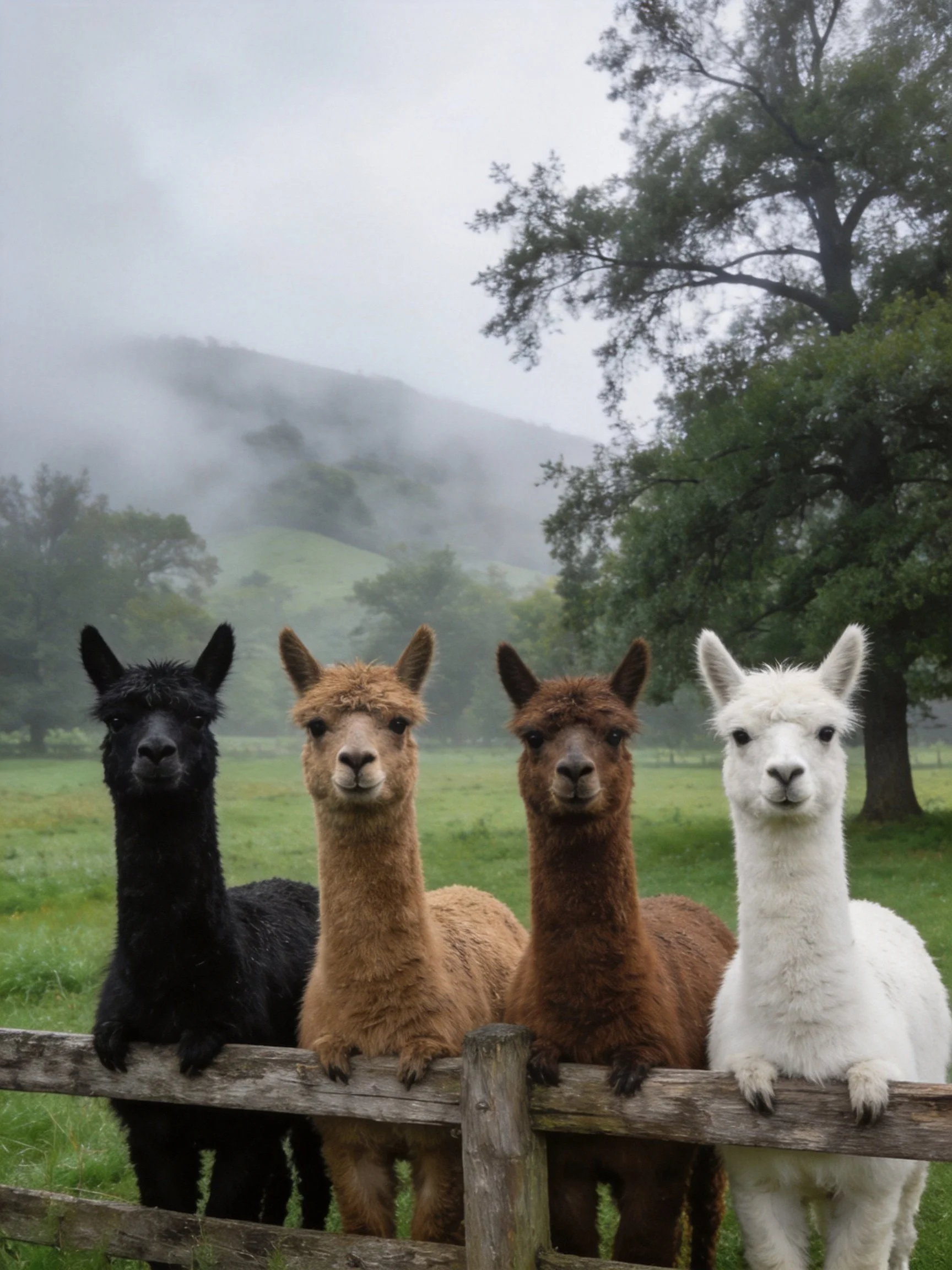 Four alpacas of various colors lean over a wooden fence