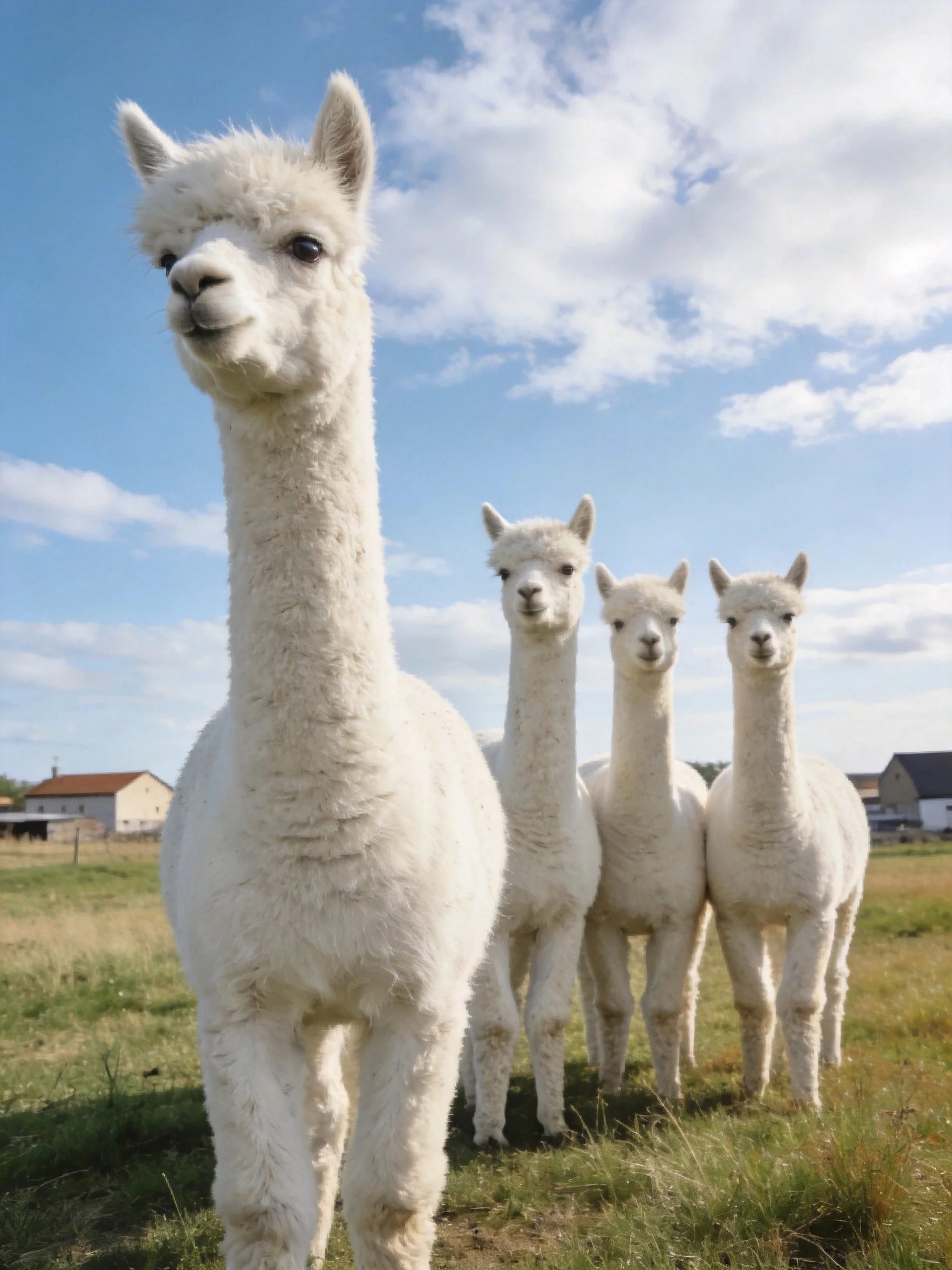 Four white alpacas grouped in a sunny meadow