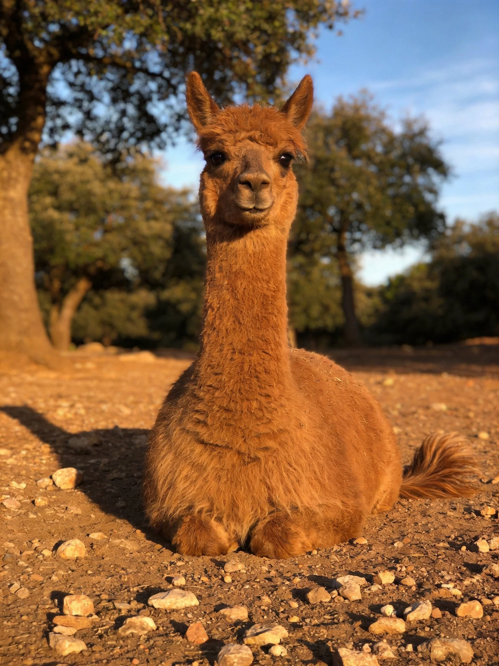 Golden-brown alpaca resting on rocky ground near trees
