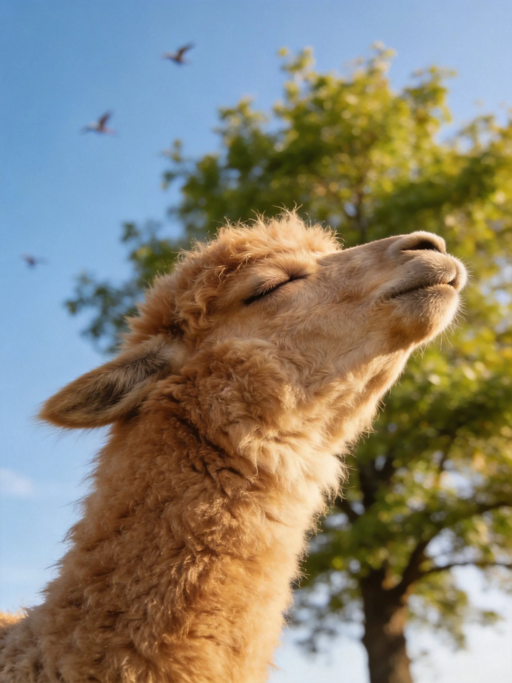 Golden-furred animal near green trees under clear blue sky