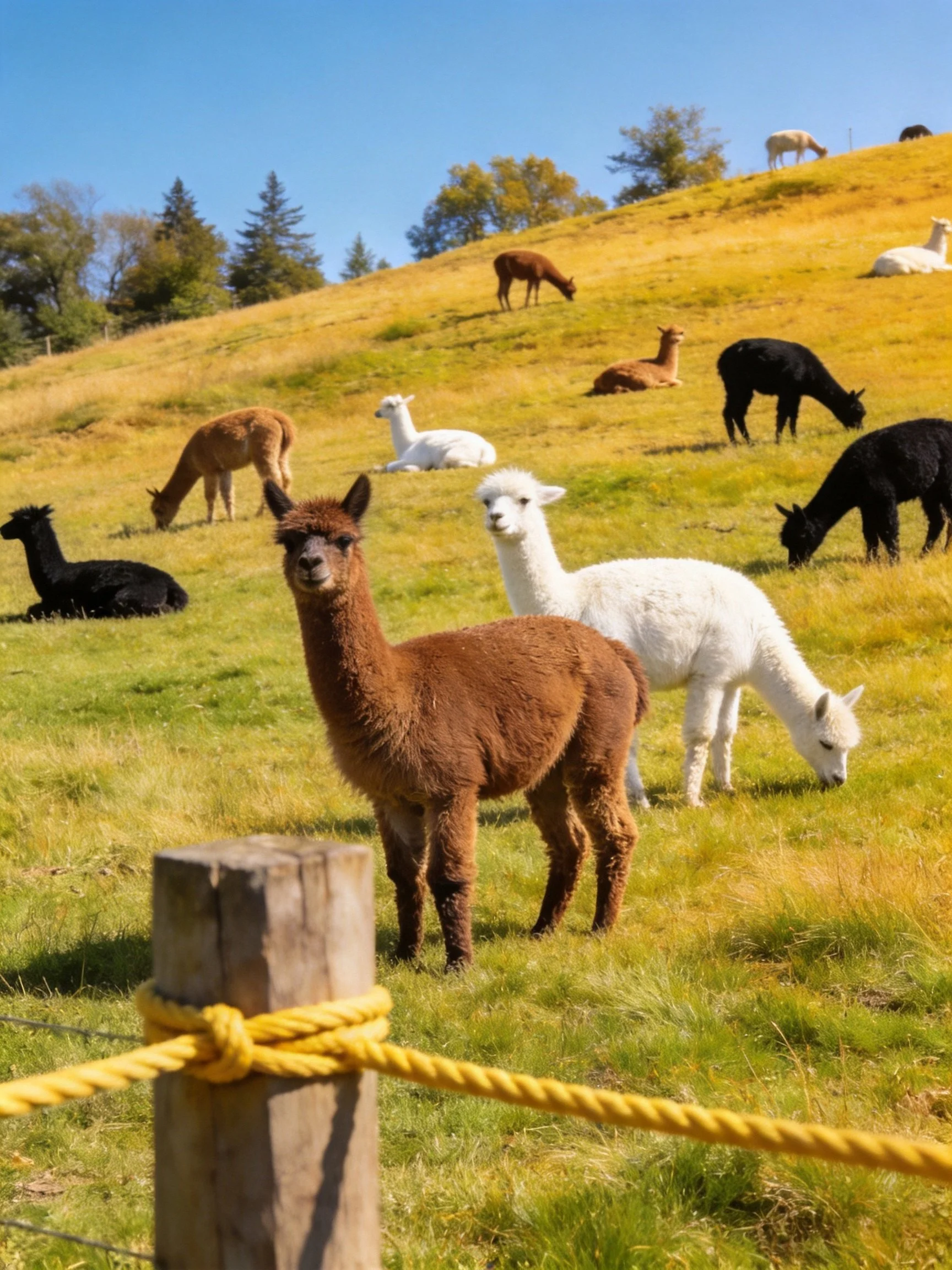 Multiple colorful alpacas graze and rest on a sunny hillside.