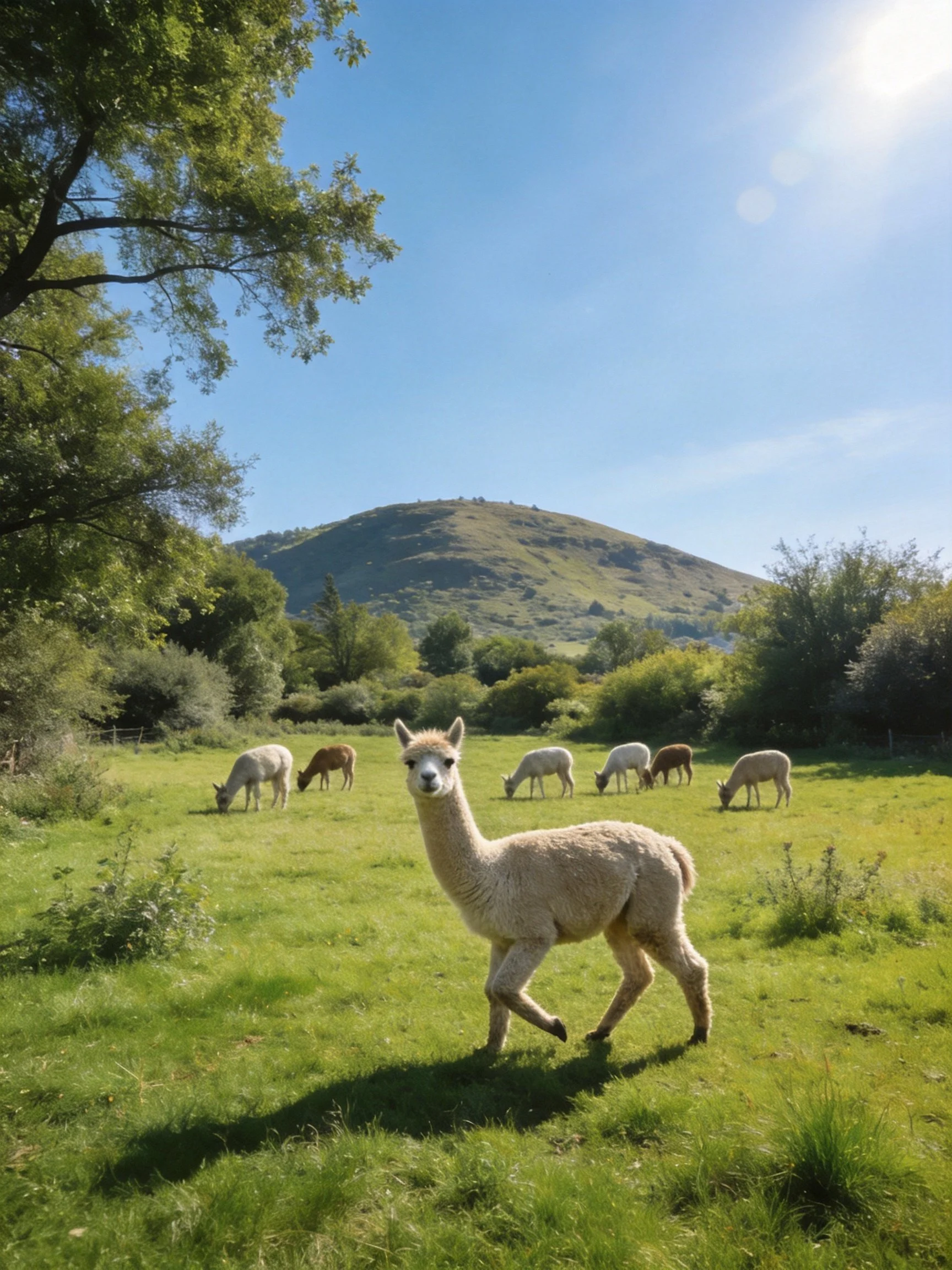 Seven alpacas graze in a lush green meadow near a hill