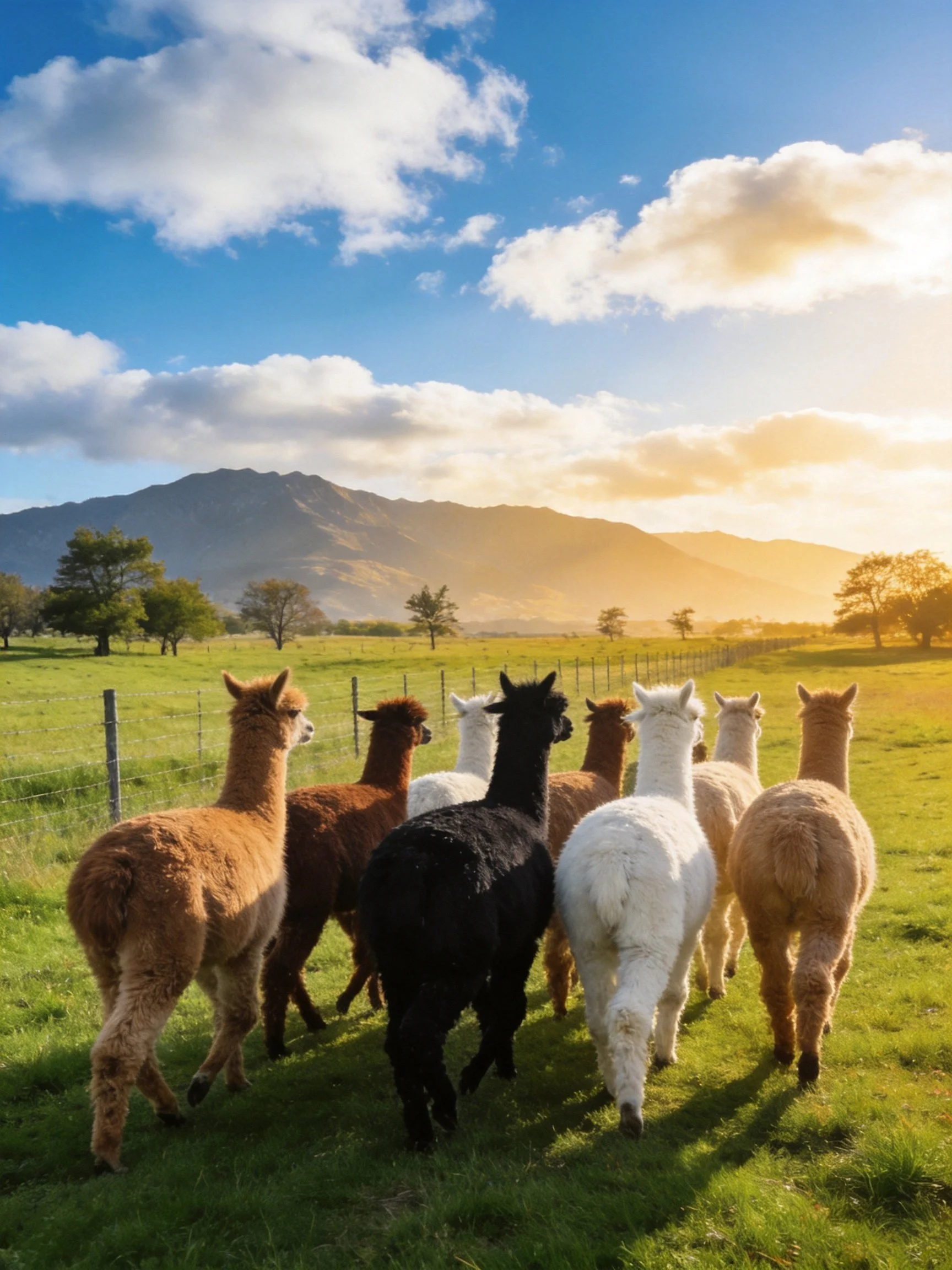 Seven alpacas of assorted colors walk through a sunlit green pasture near mountains