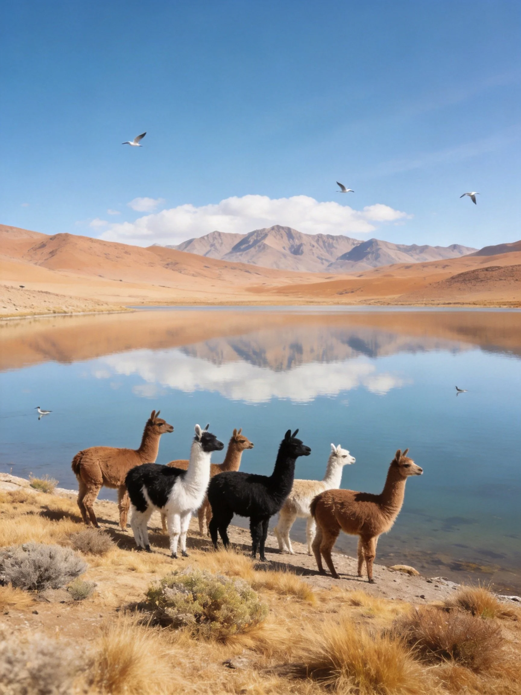 Six alpacas in brown, black, white by a serene mountain lake