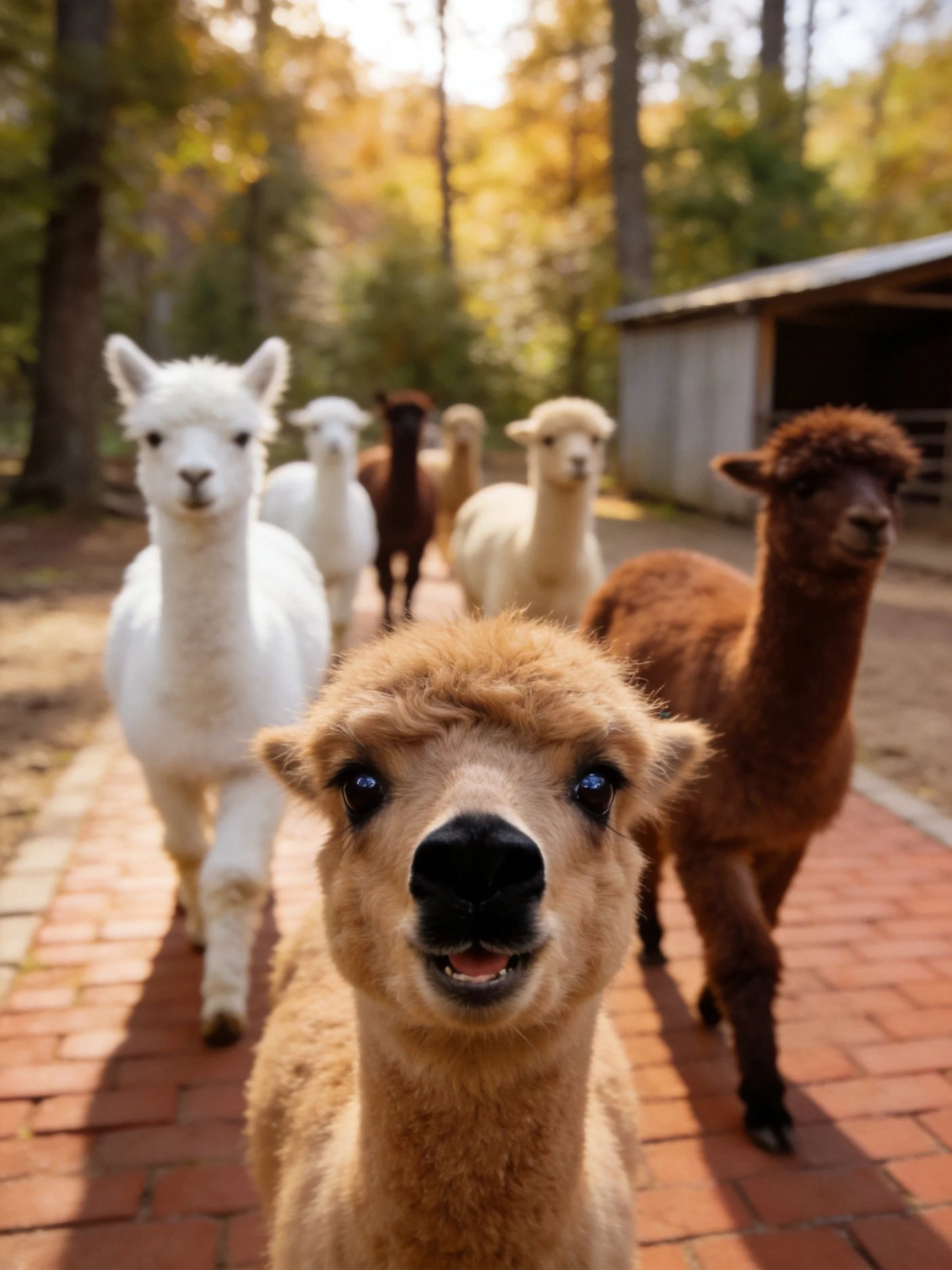 Six alpacas in varied colors walk on a brick path near a wooden shelter