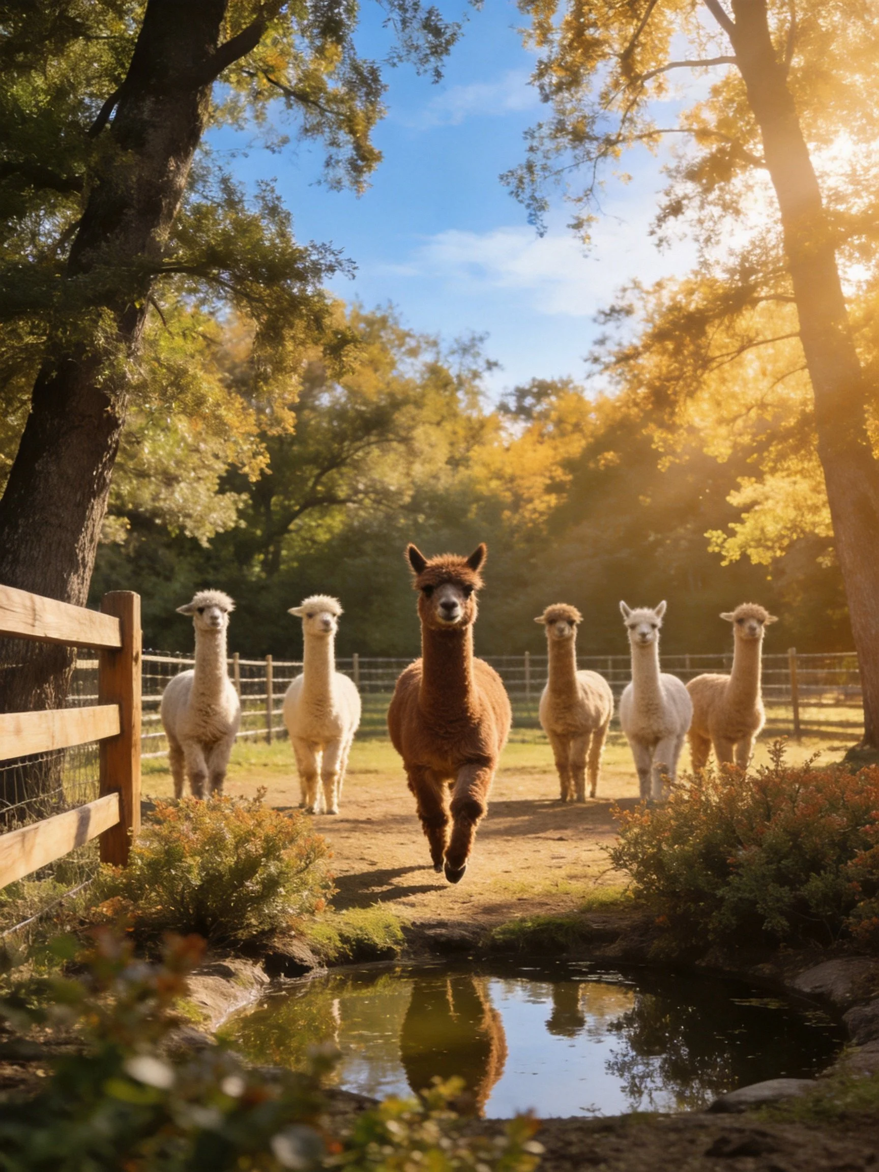 Six alpacas in varied hues near a pond under sunny trees
