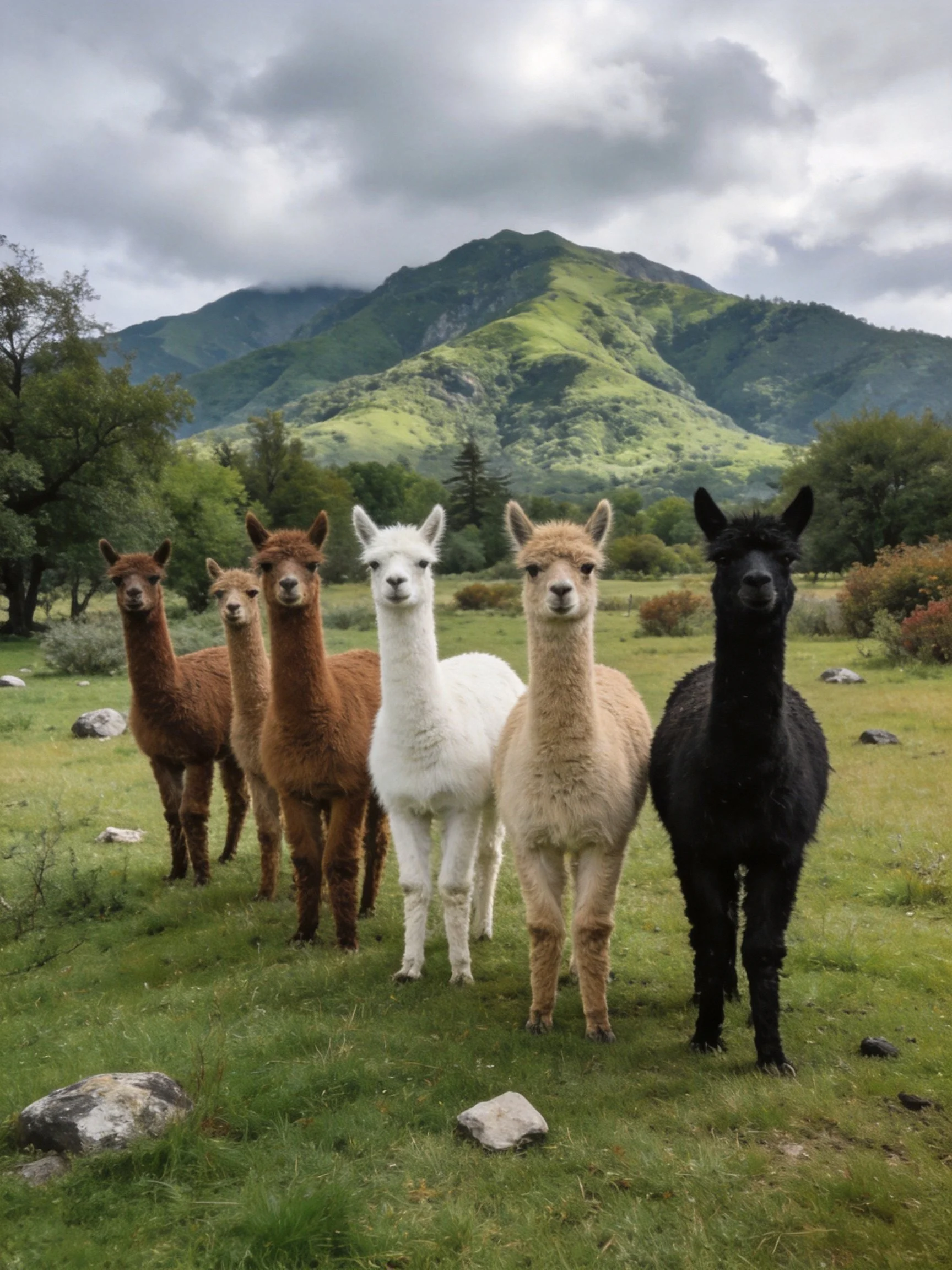 Six alpacas in various colors stand near a lush mountain landscape