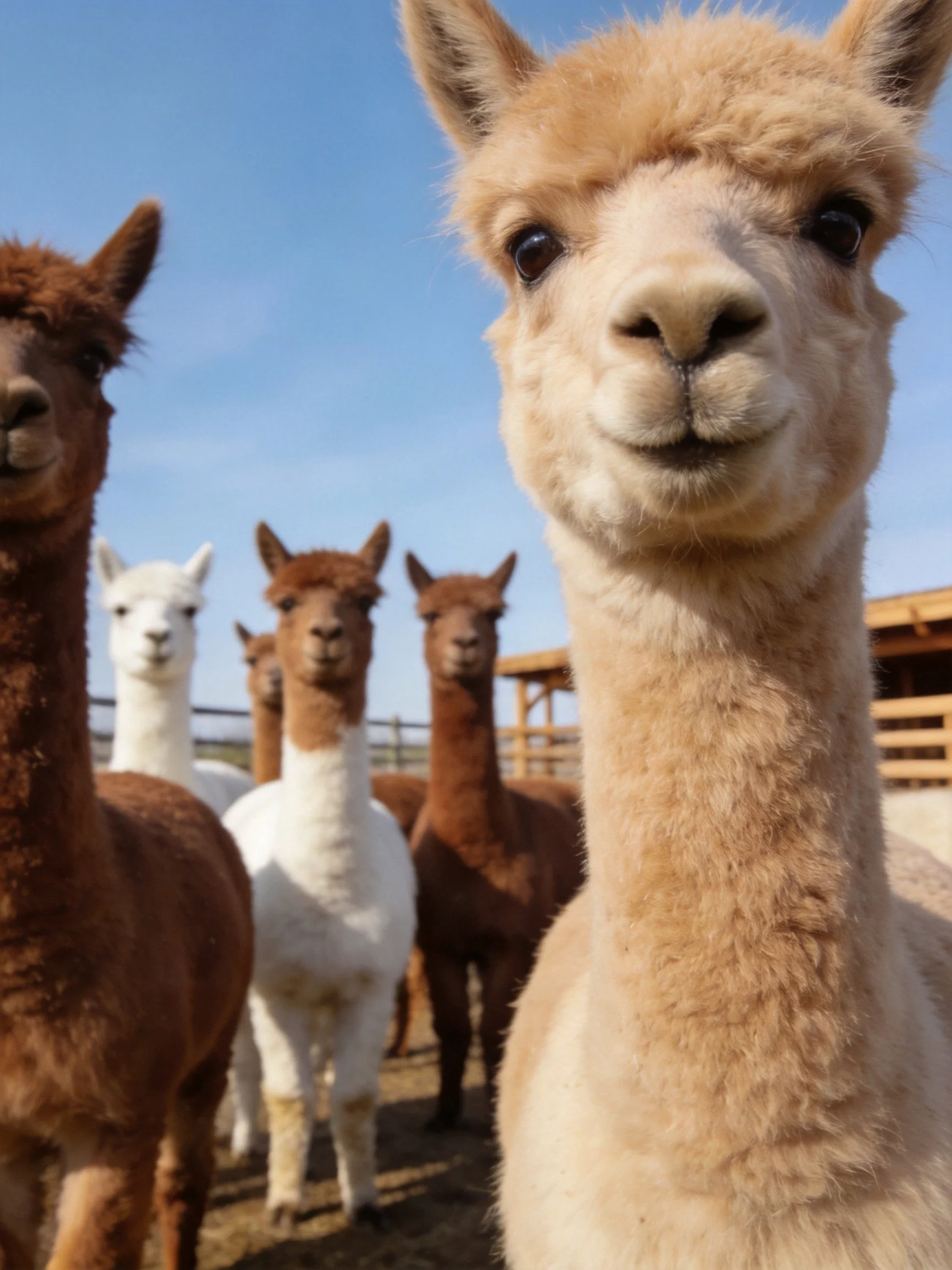 Six alpacas of assorted colors gather near a wooden structure