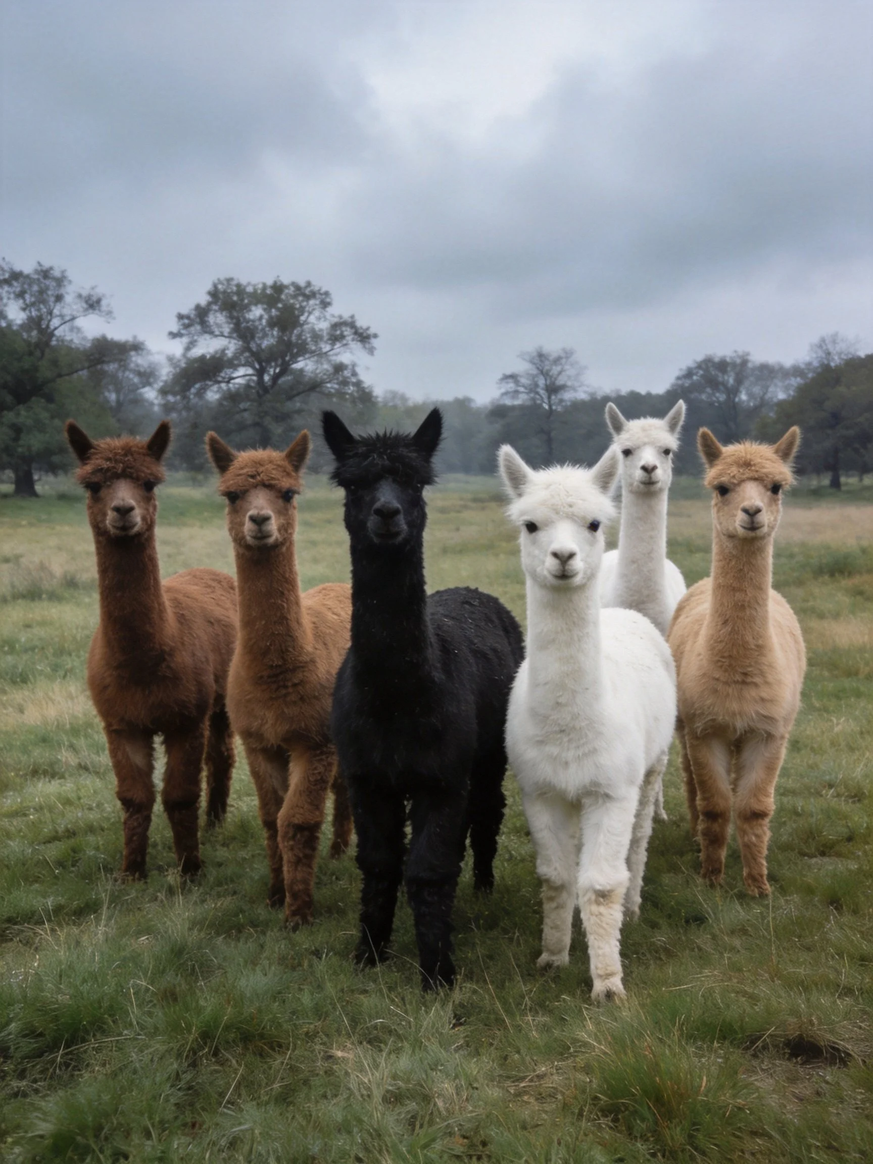 Six alpacas of diverse colors gather in a grassy field