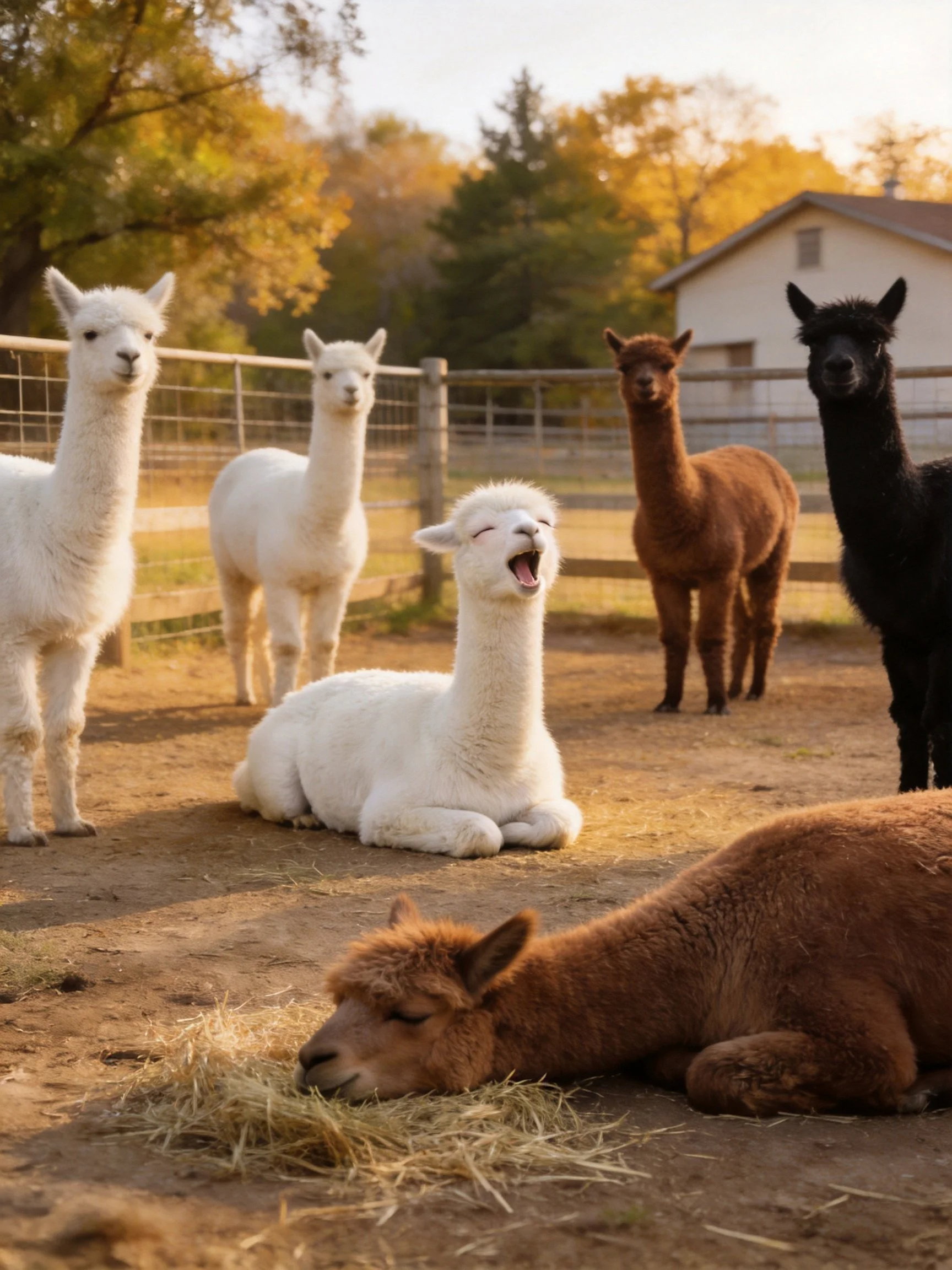 Six alpacas of diverse colors in a fenced farm enclosure