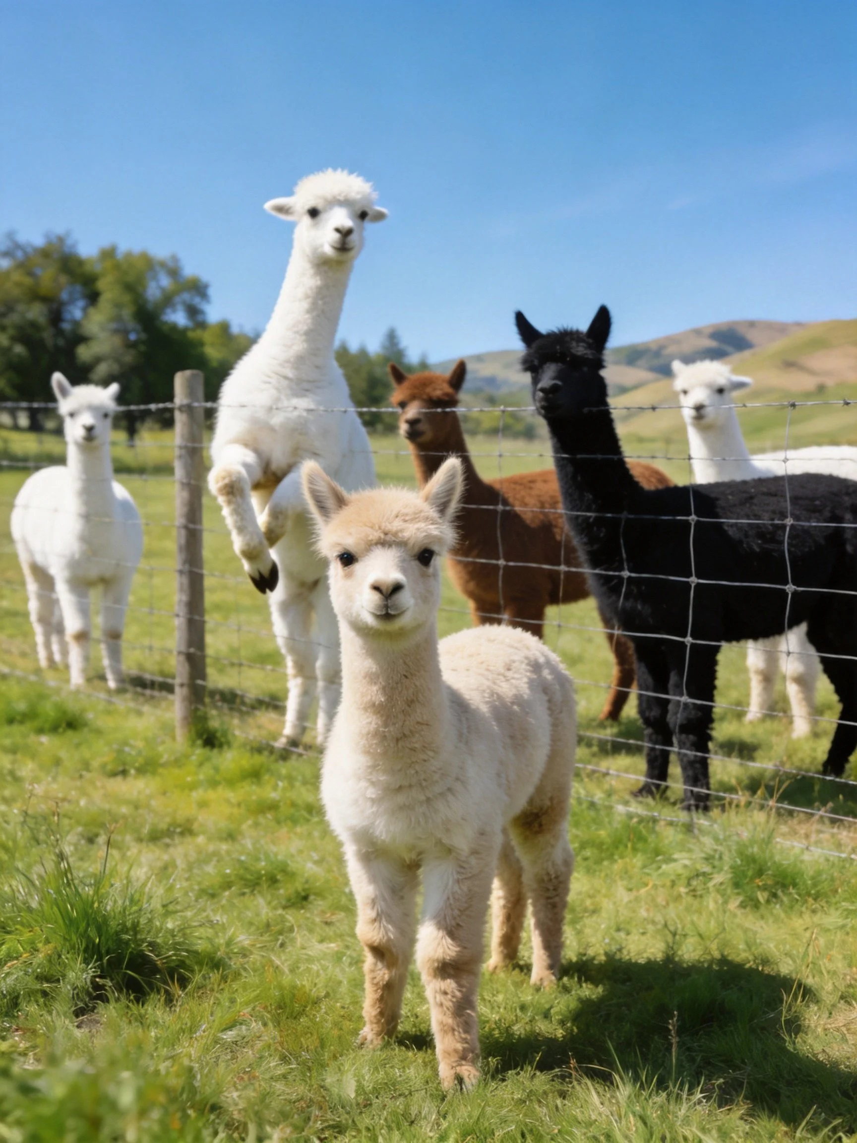 Alpacas of different colors gather near a wire fence in a sunny pasture.