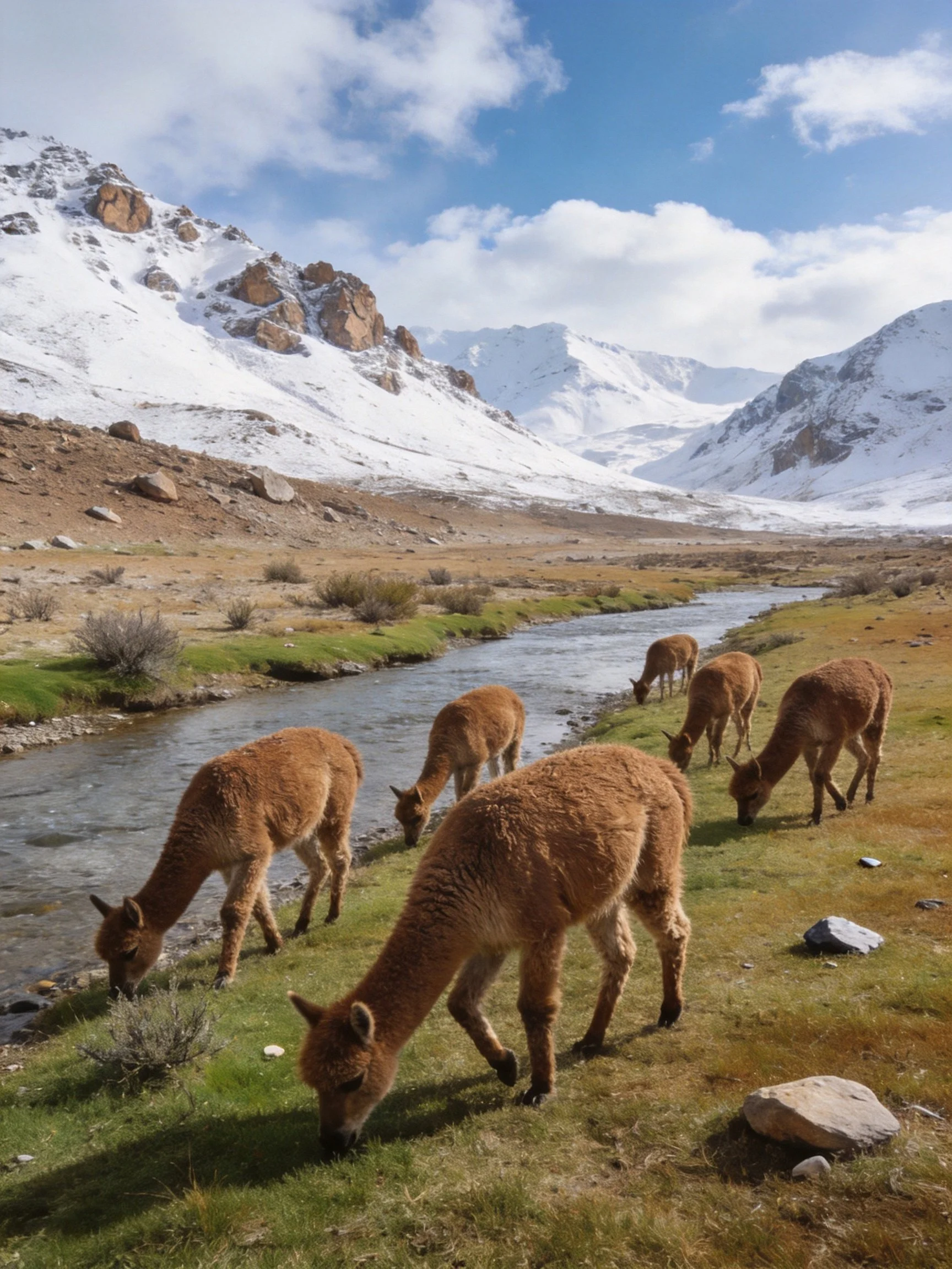 Six brown alpacas graze near a stream with snow-capped mountains