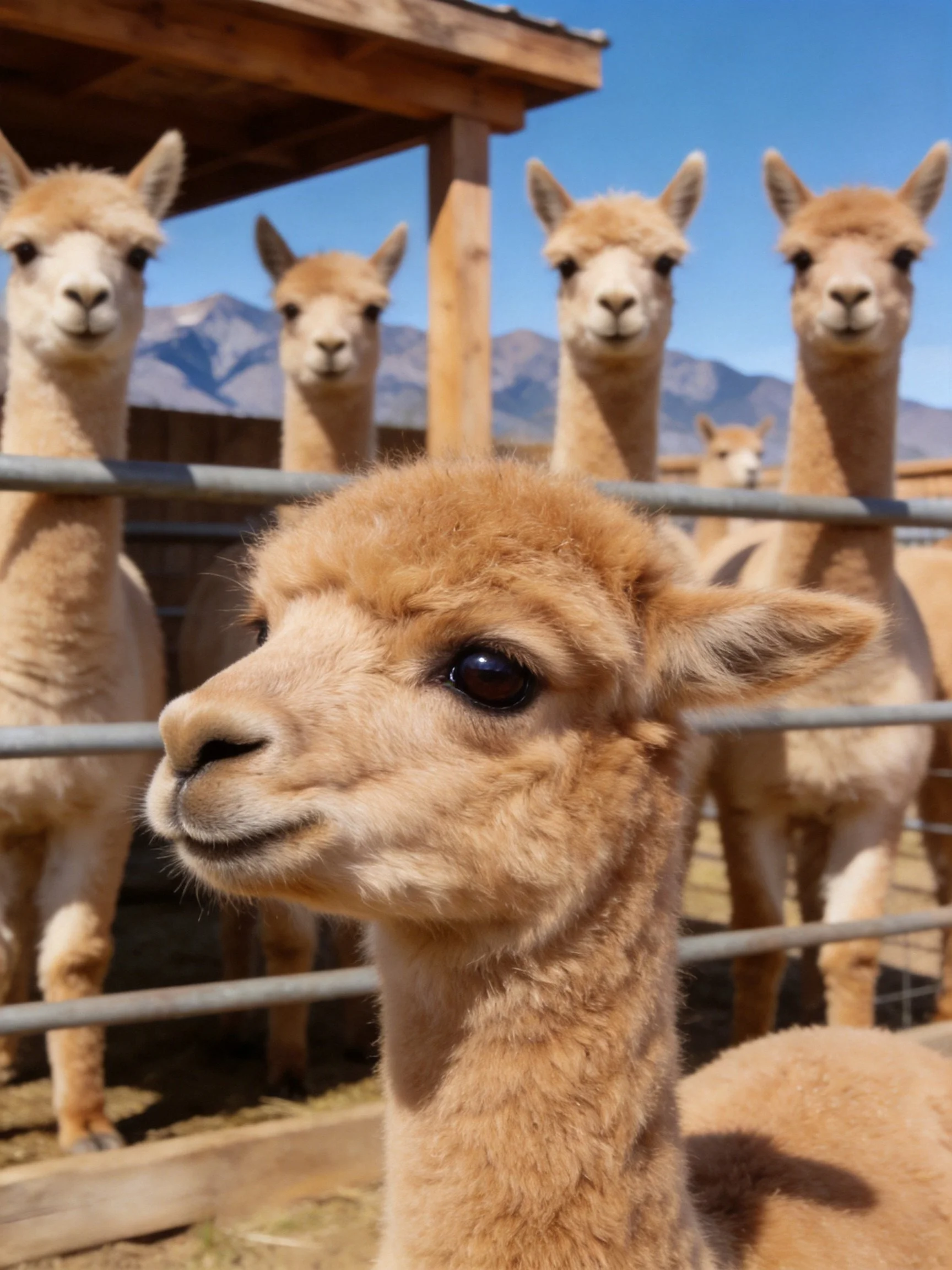 Six light tan alpacas gather near a wooden shelter with mountain backdrop