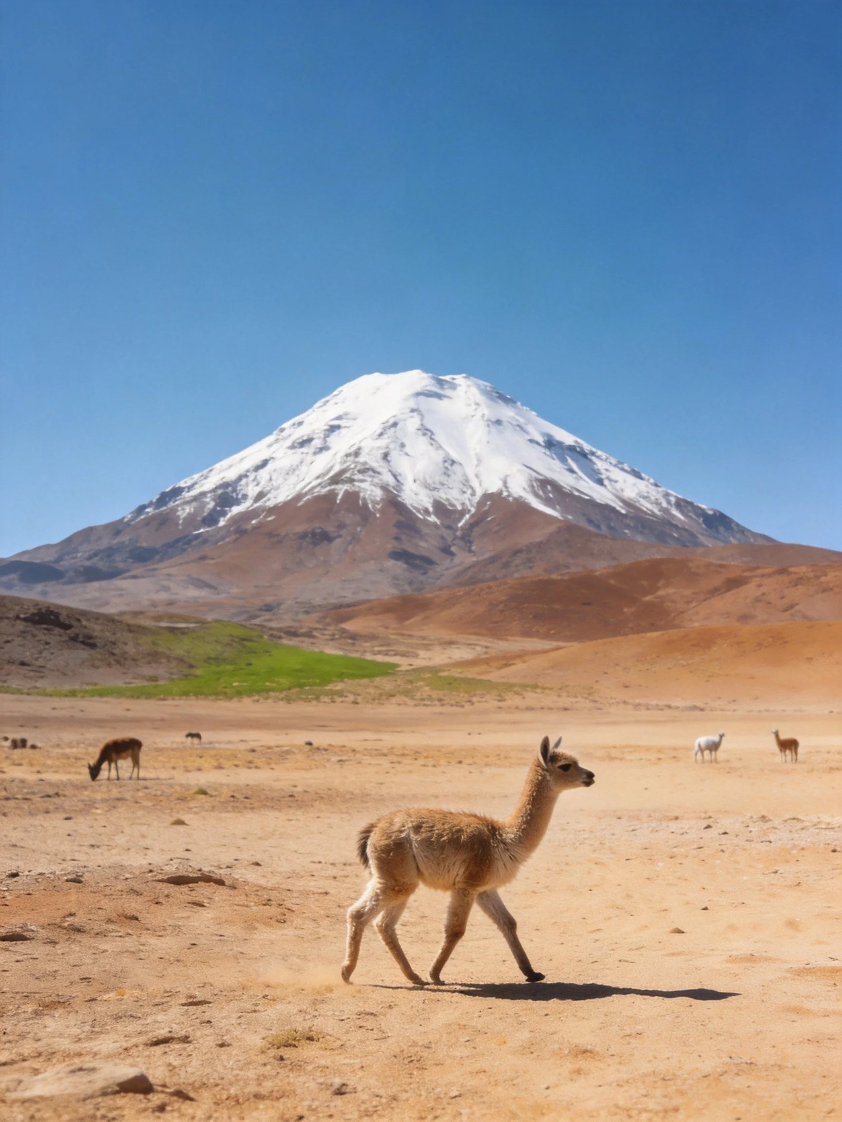 Desert plain with grazing llamas faces a towering snow-capped volcano.