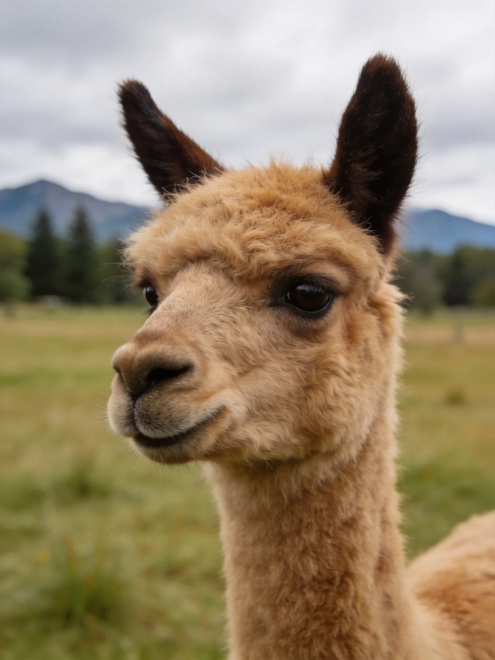 Tan alpaca with dark ears in a green open field
