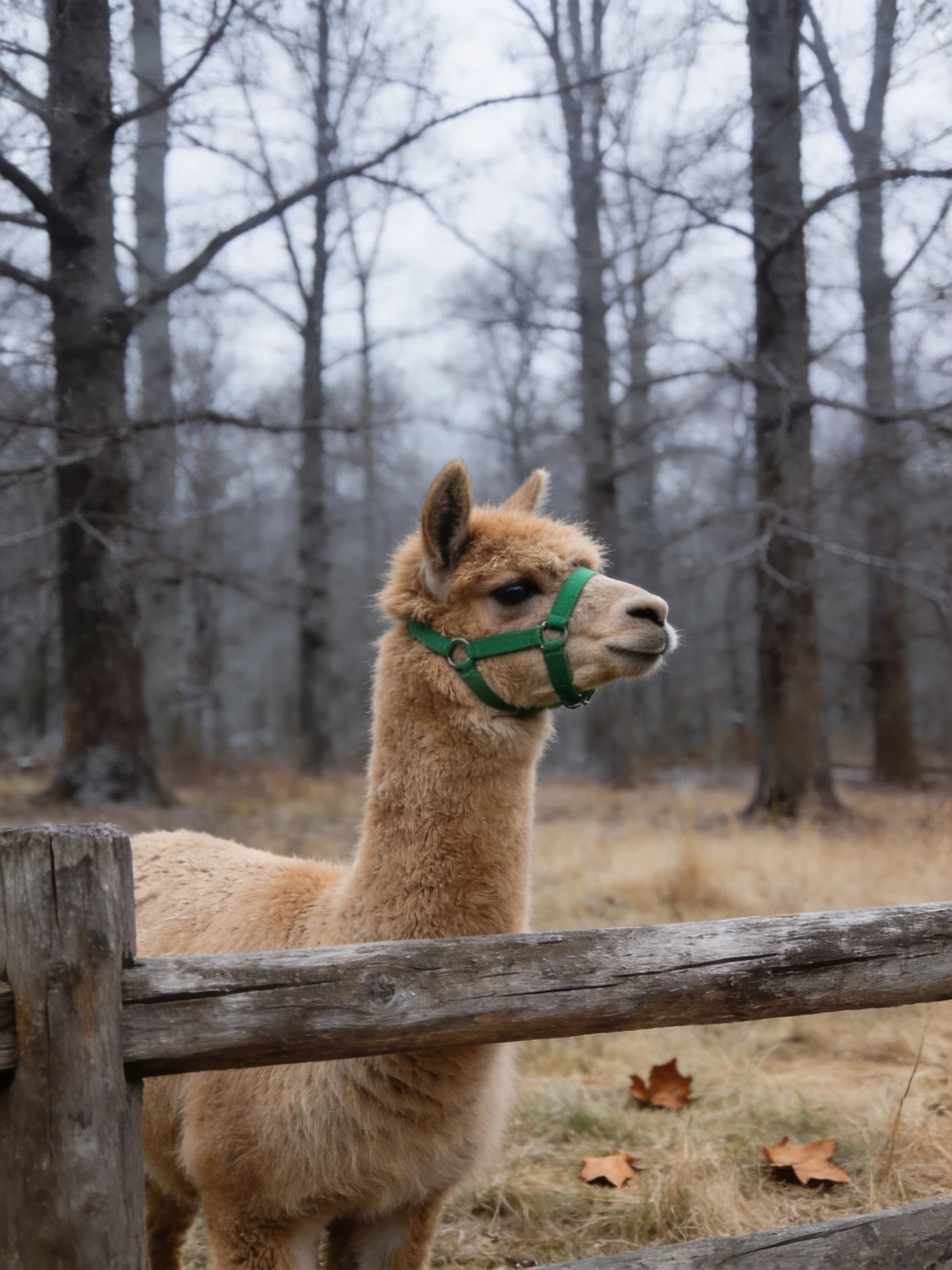 Tan alpaca with green halter near wooden fence and bare trees