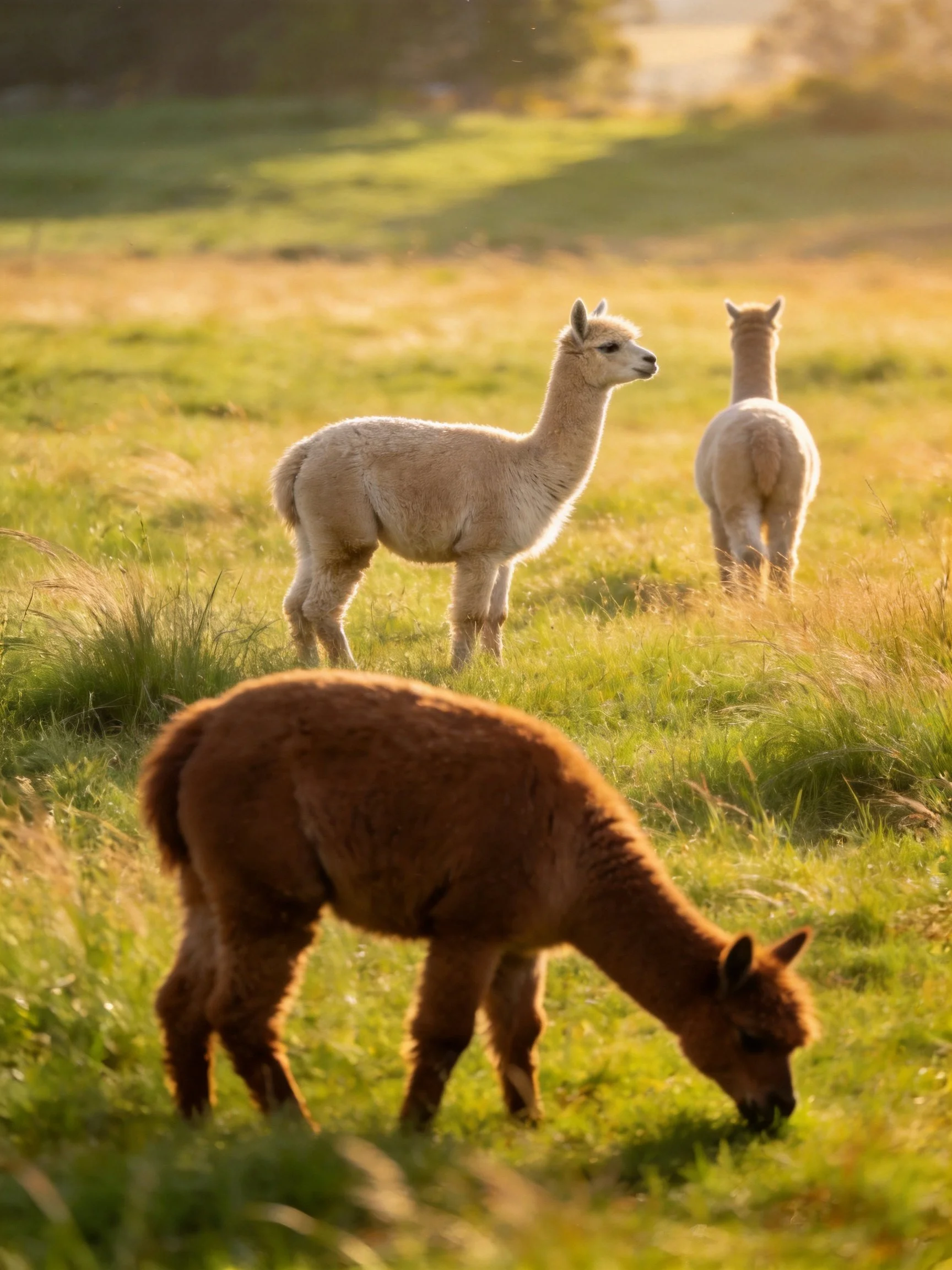 Three alpacas graze and stand in a sunlit green meadow