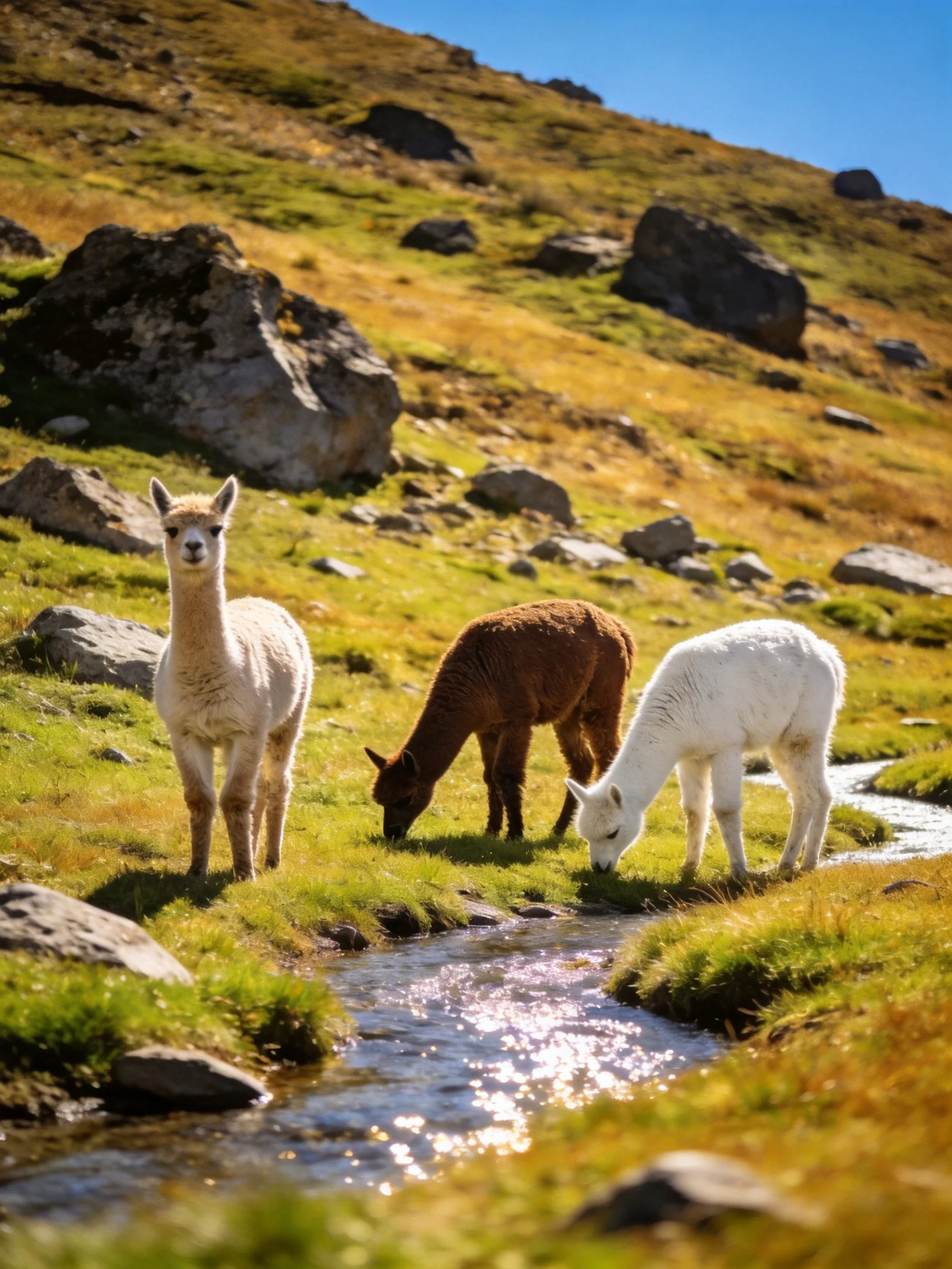 Three alpacas graze by a stream on a rocky hillside