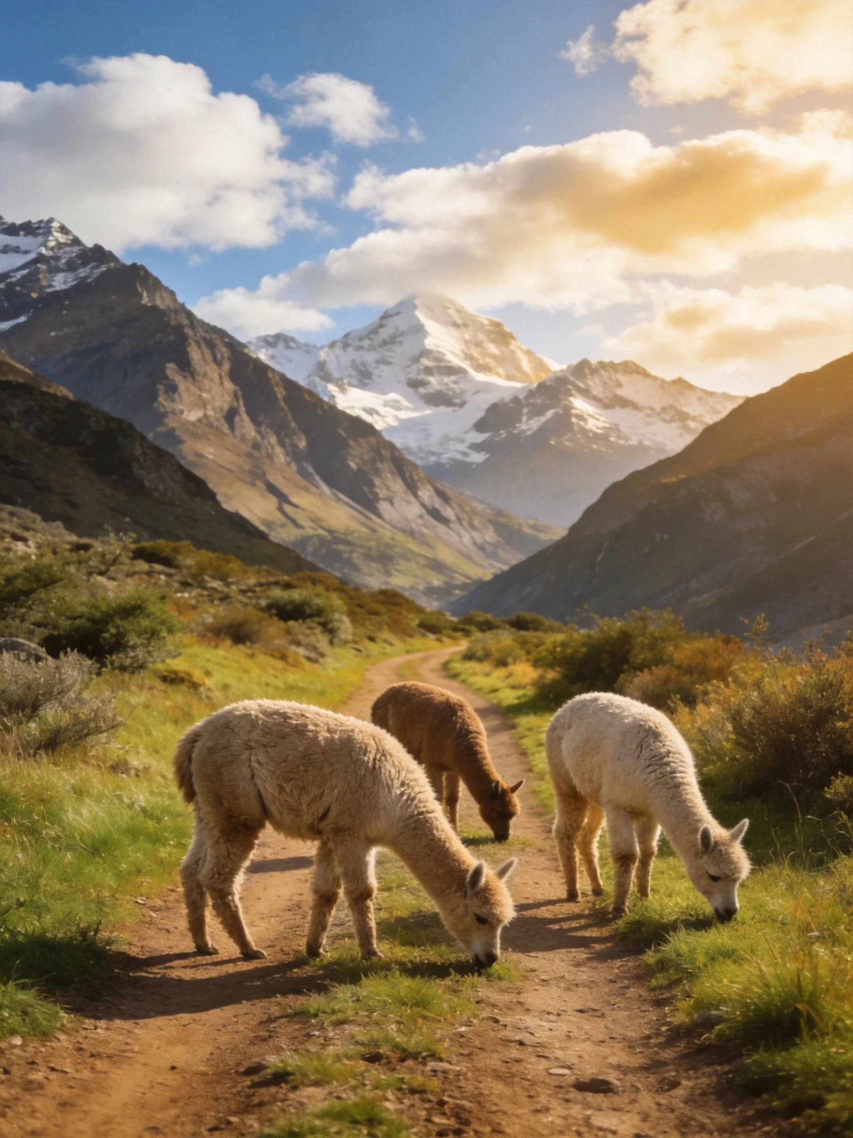 Three alpacas graze on a dirt path near snow - capped mountains