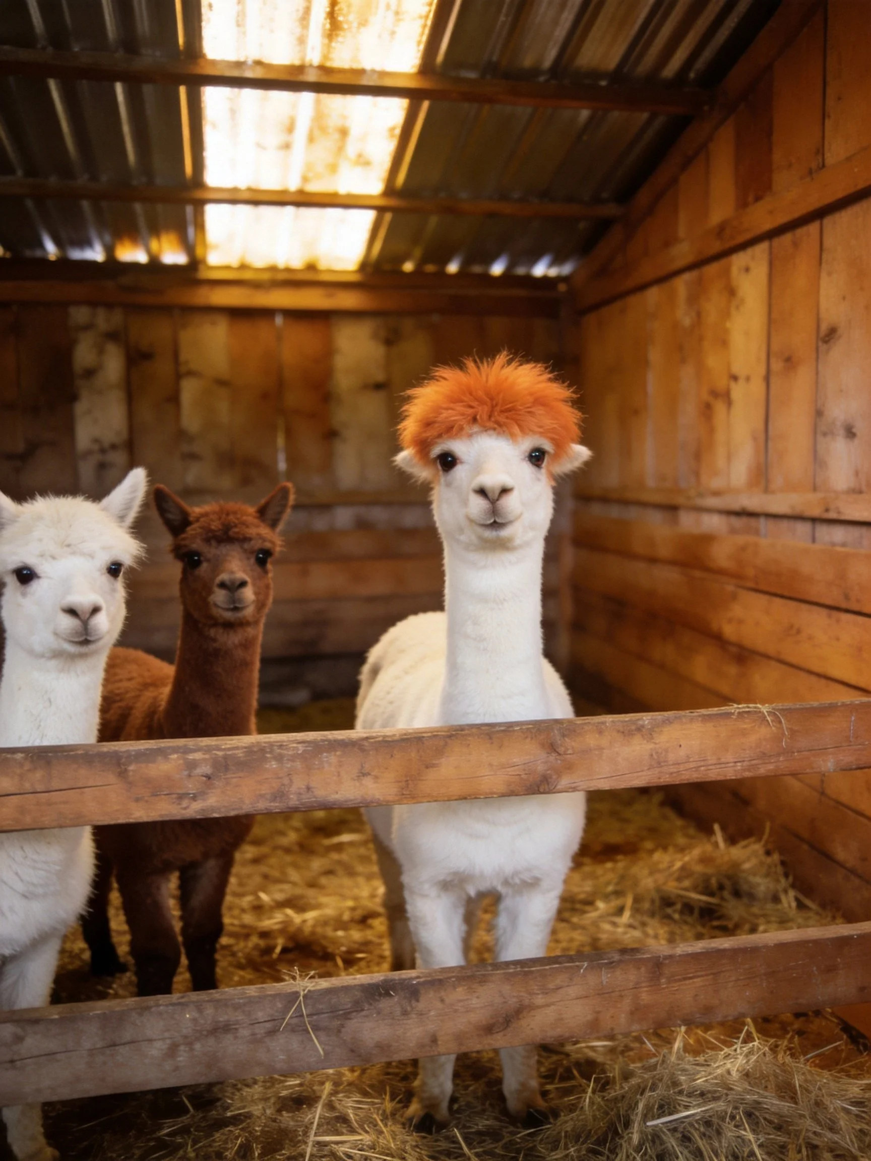 Three alpacas of different colors gather inside a wooden barn.