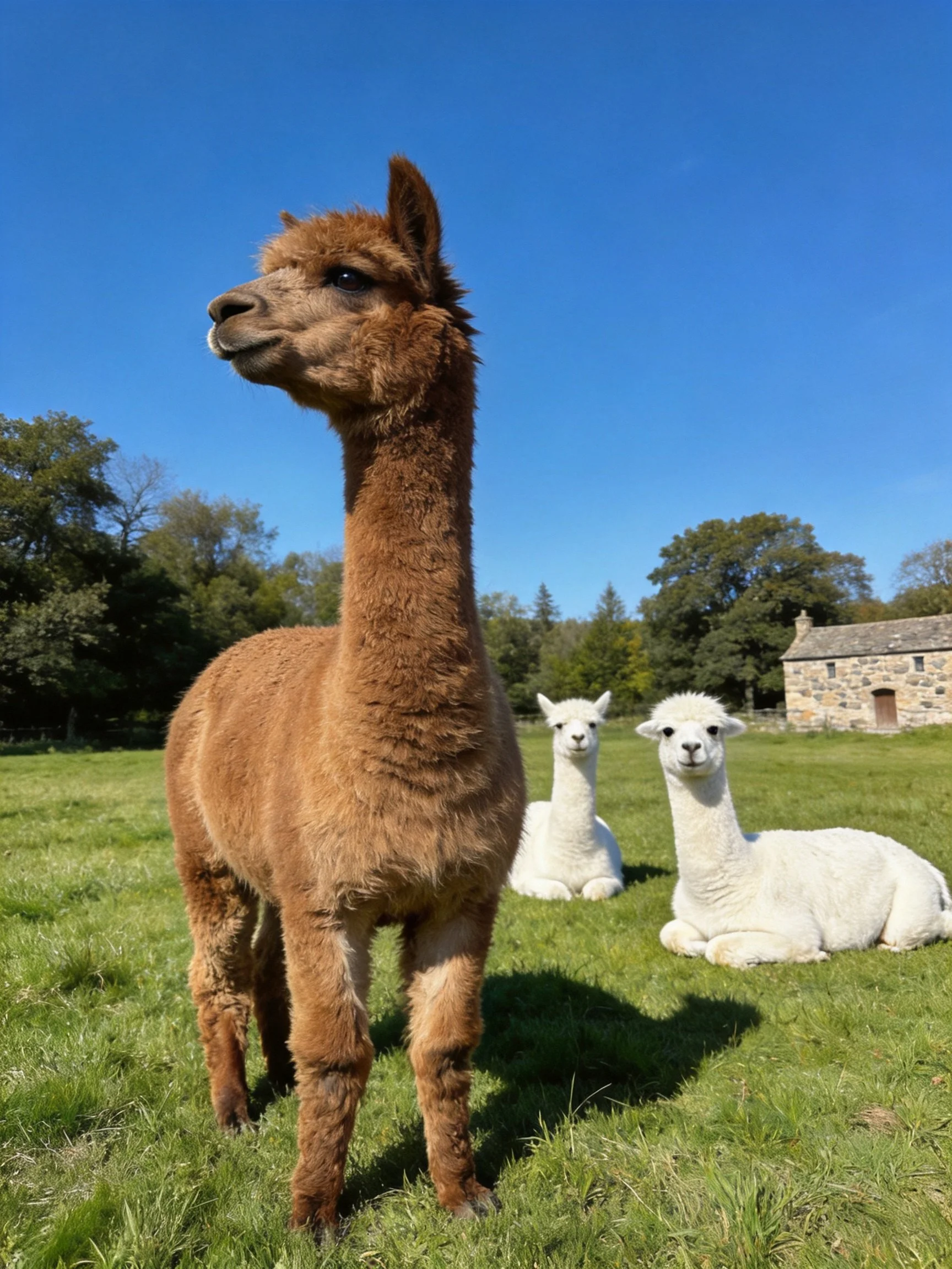 Three alpacas in a sunny green meadow near a stone structure