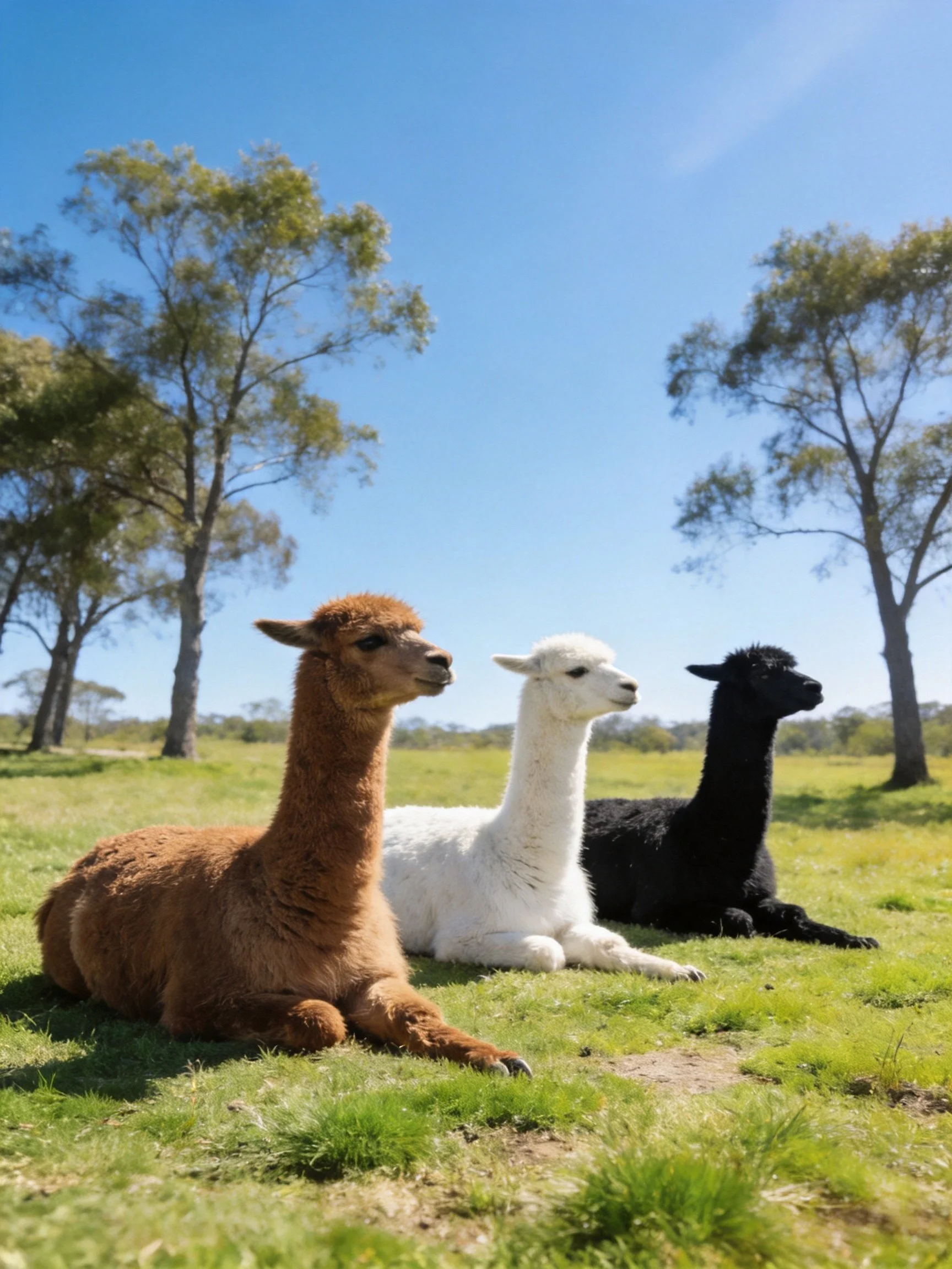 Three alpacas in brown, white, and black rest in a sunlit meadow
