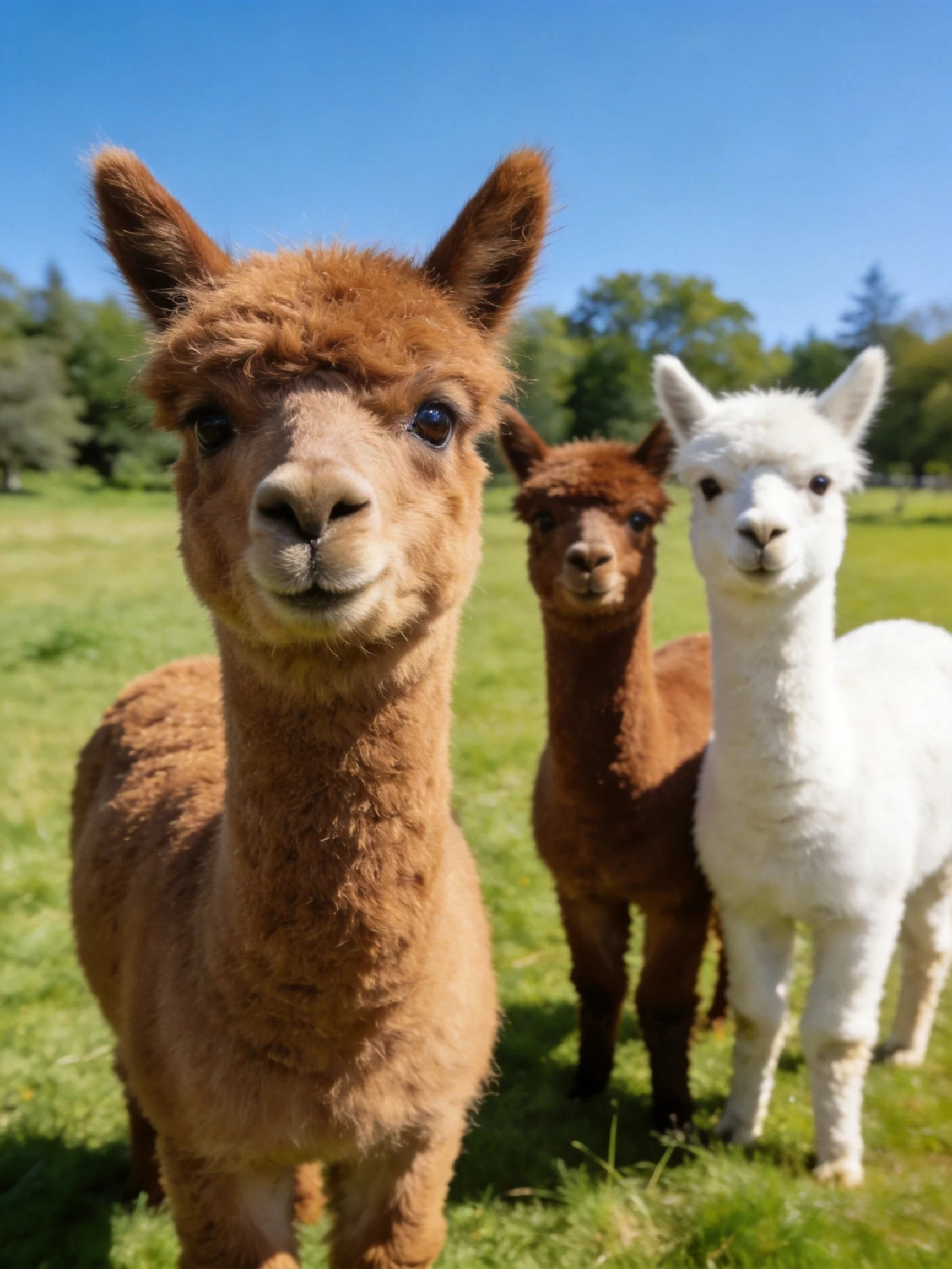 Three alpacas of brown and white hues stand in a sunny meadow