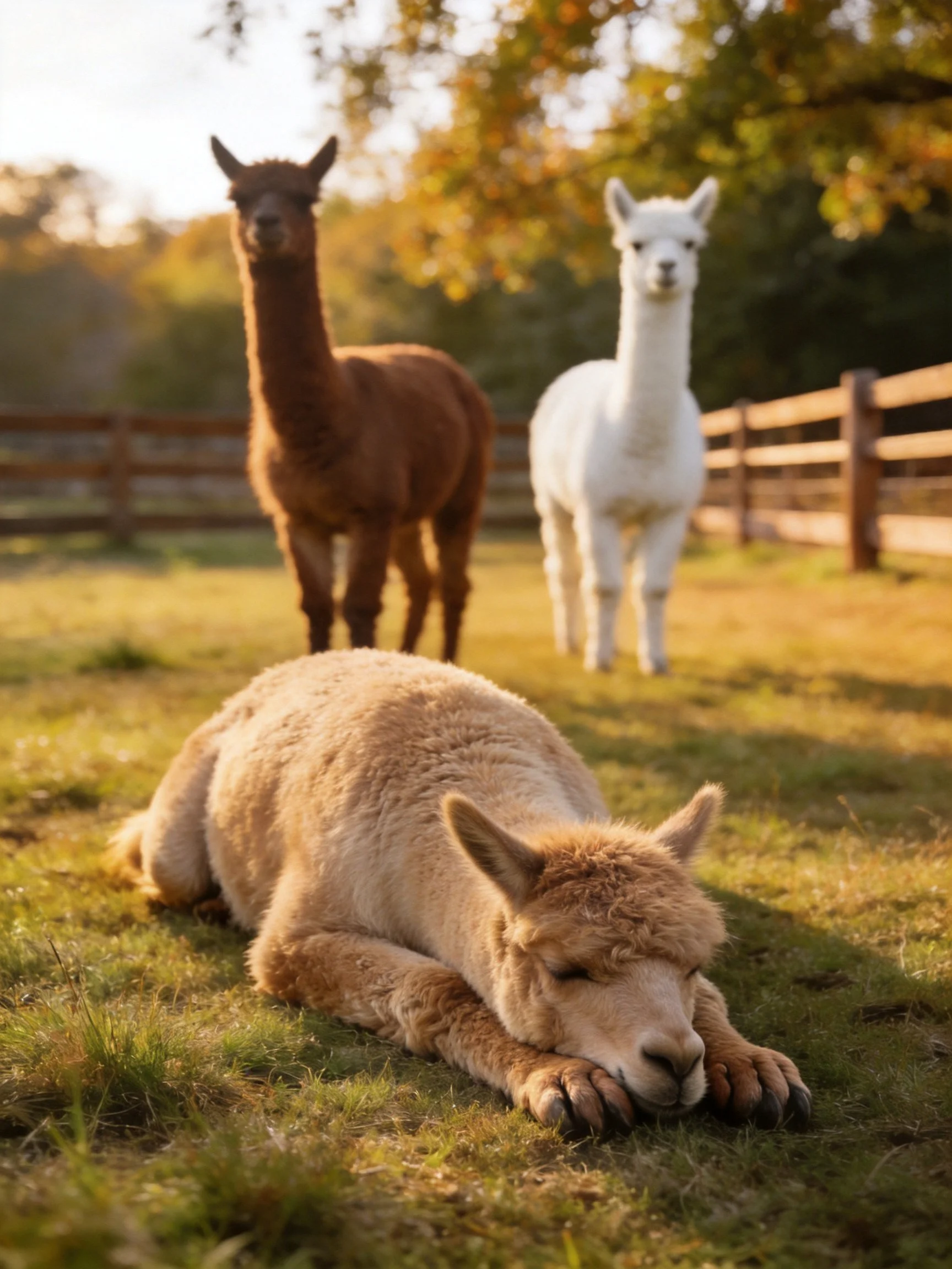 Three alpacas of brown, white, and tan in a sunlit fenced pasture