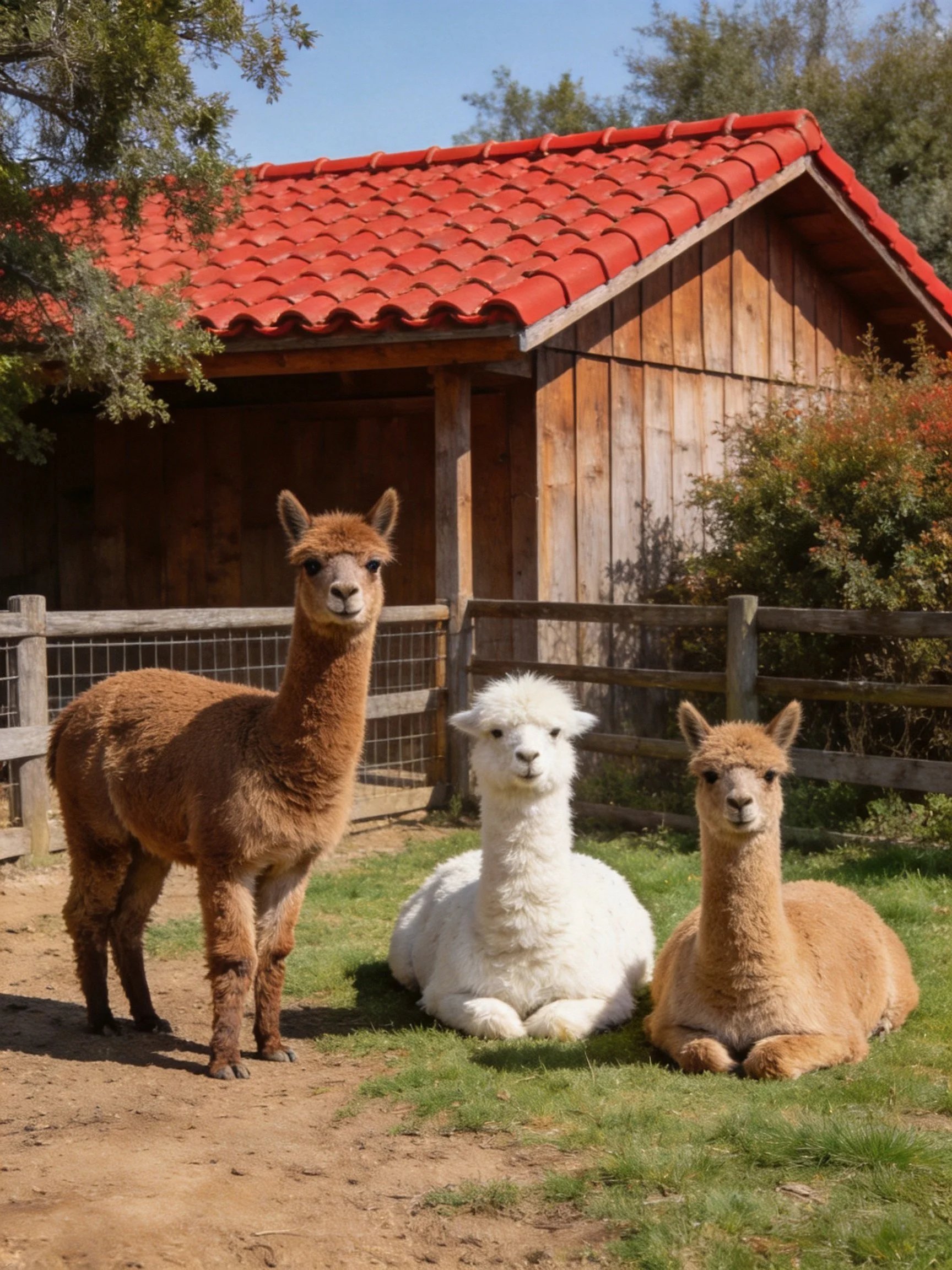 Three alpacas of brown, white, and tan near a rustic wooden shed