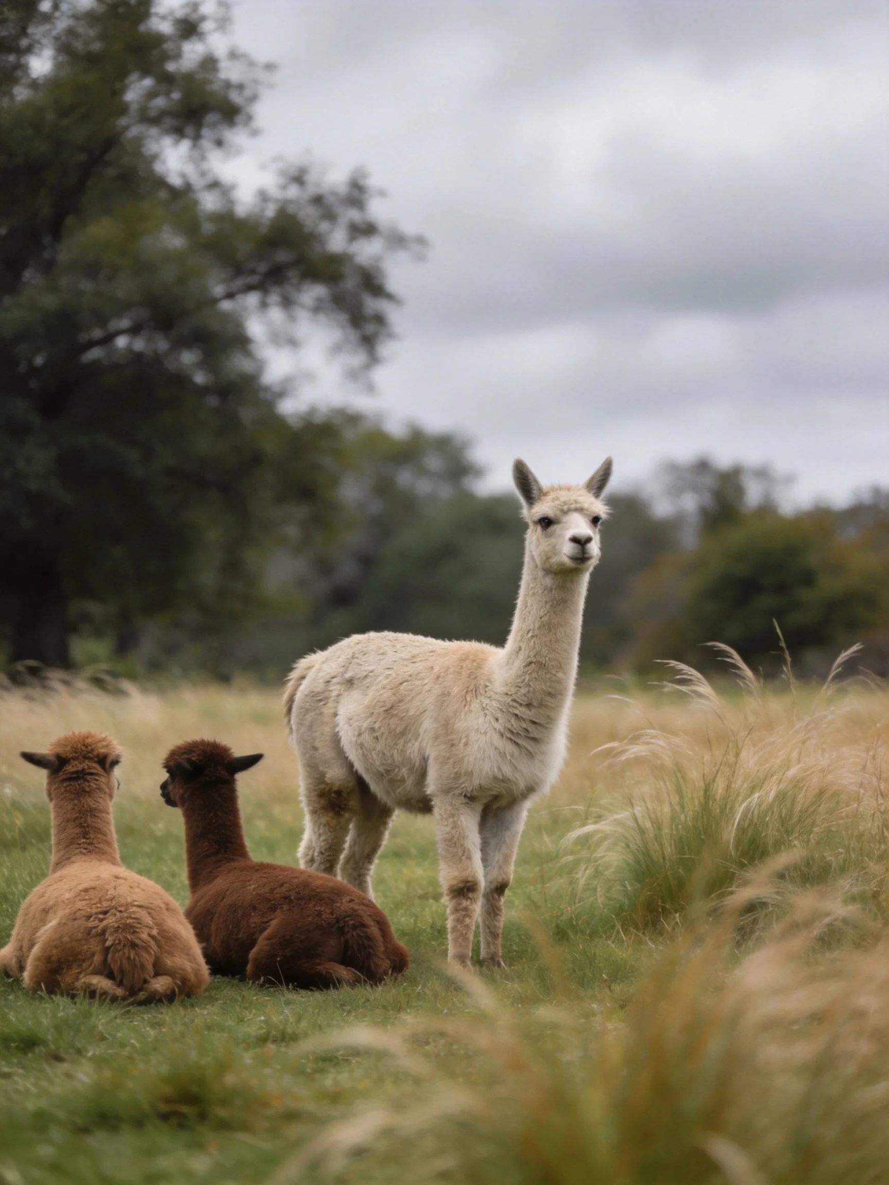 Three alpacas of different colors in a grassy field with trees