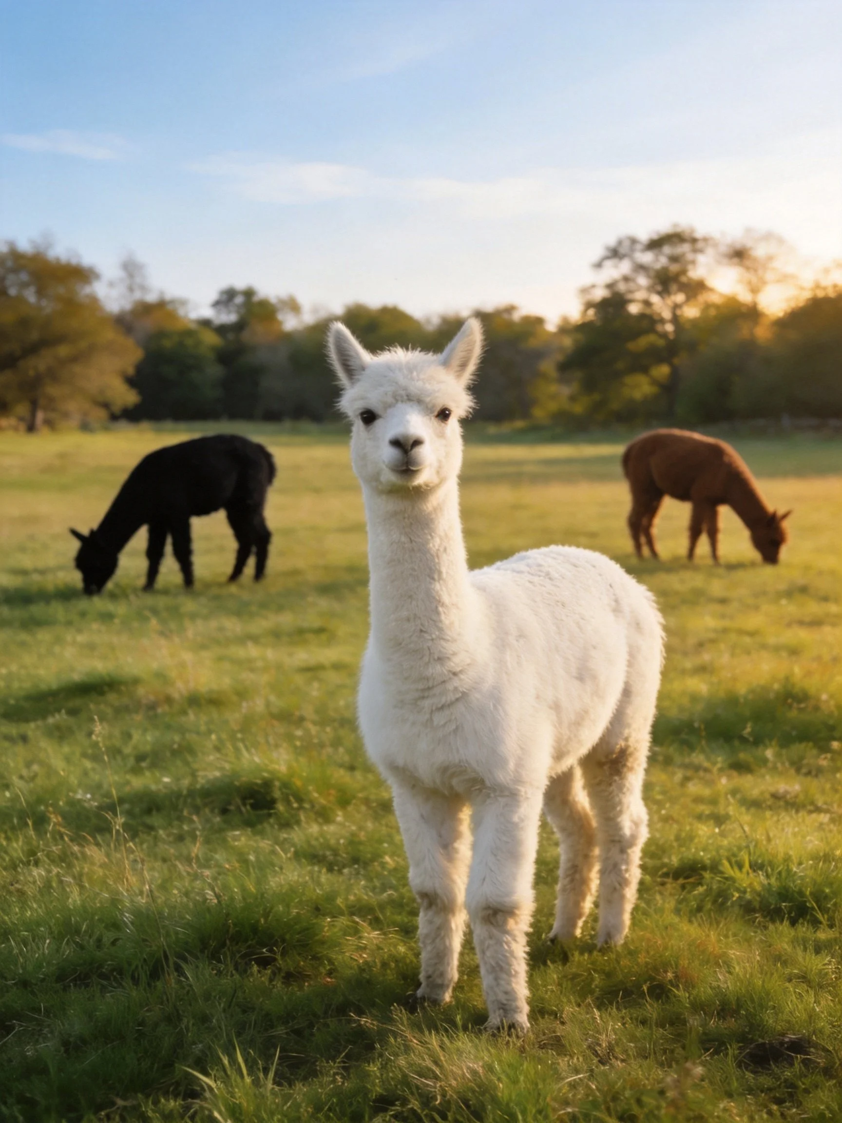 Three alpacas graze in a sunlit pasture near trees