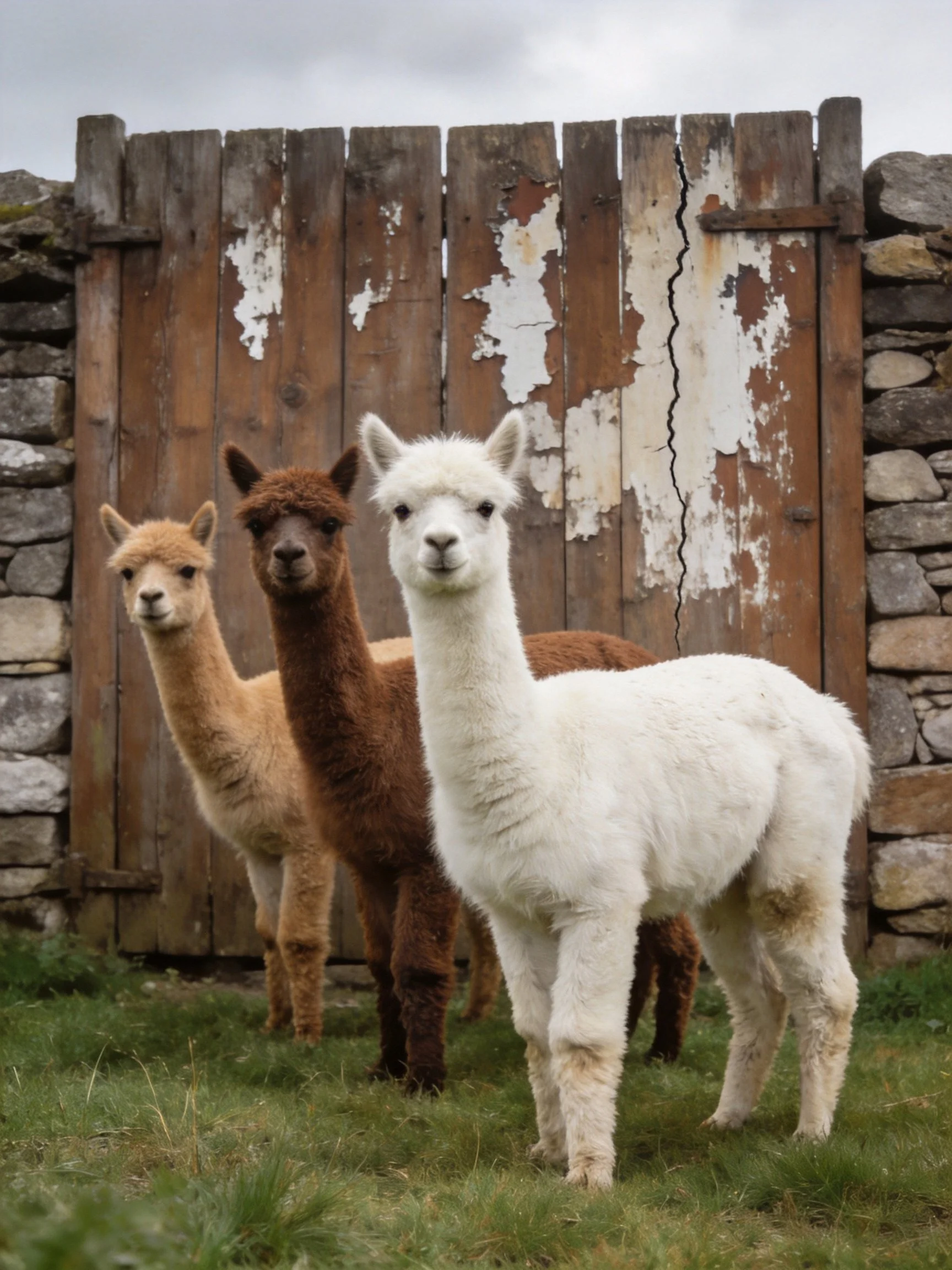 Three alpacas of different colors gather near a weathered wooden gate.