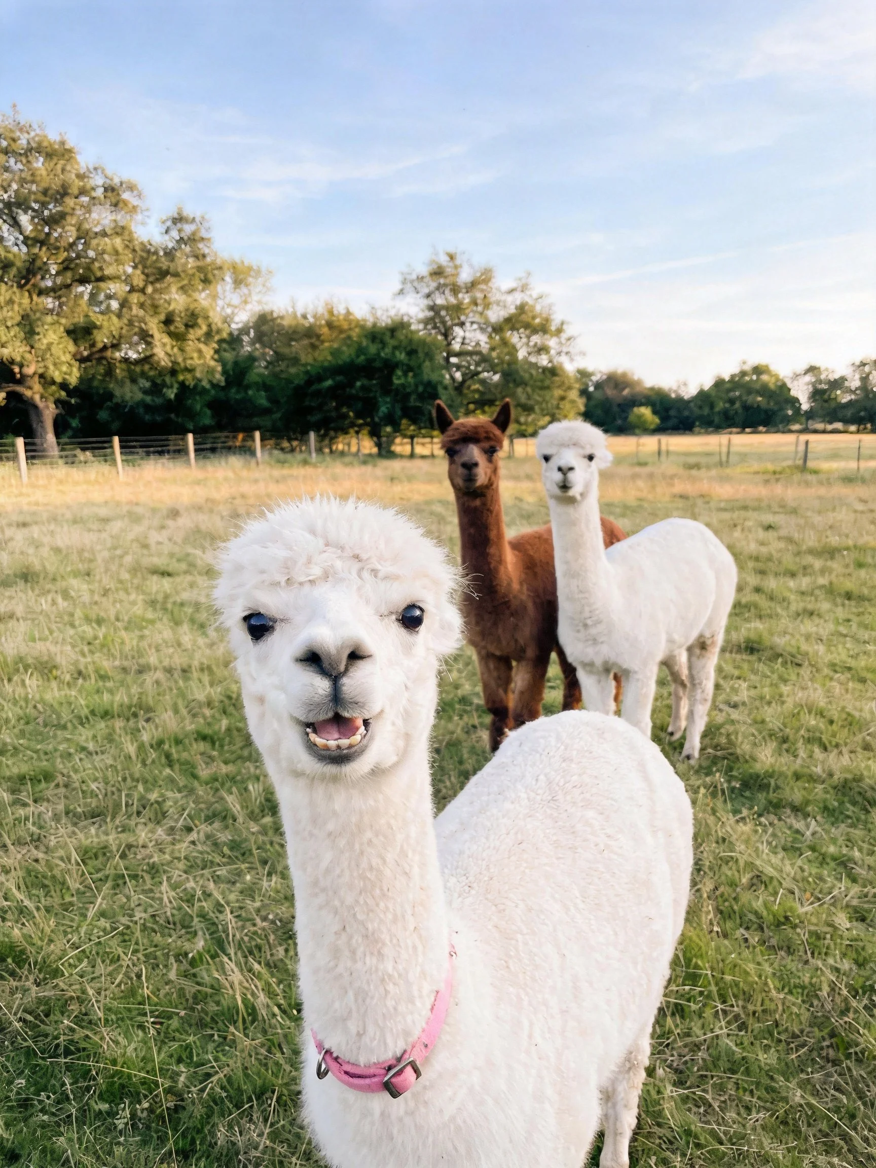 Three alpacas of white, brown, and white in a sunlit pasture