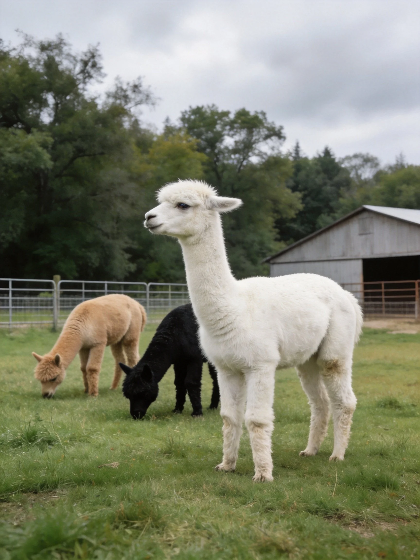 Three alpacas of white, tan, and black graze near a barn in a green pasture