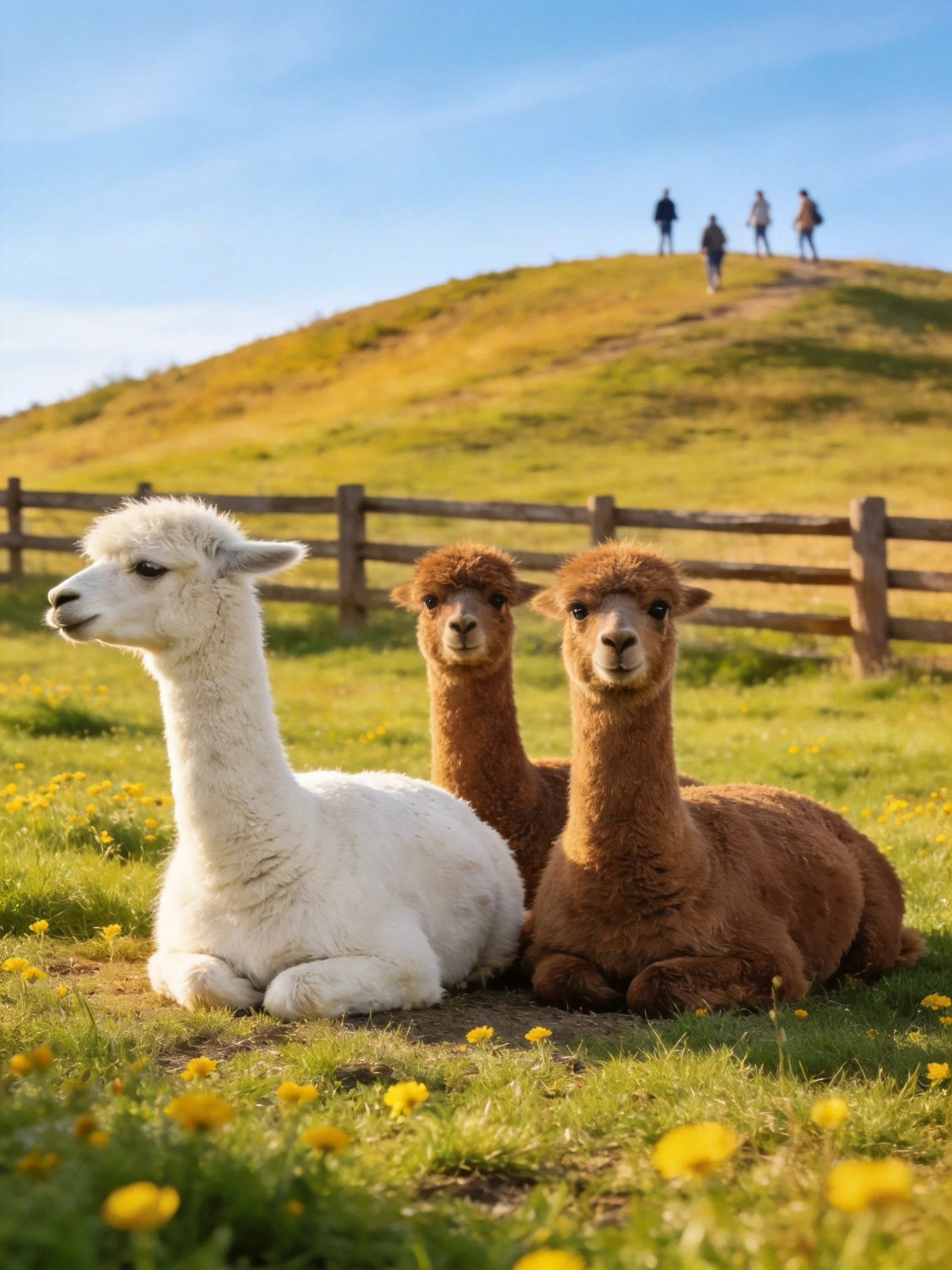 Three alpacas rest in a sunlit meadow with a wooden fence