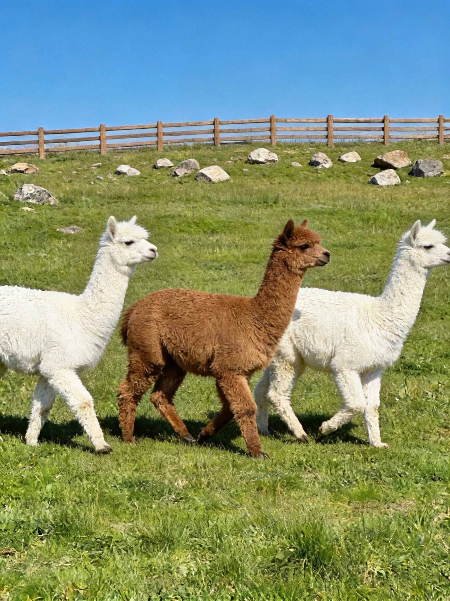 Three alpacas, two white and one brown, stroll in a grassy field near a wooden fence