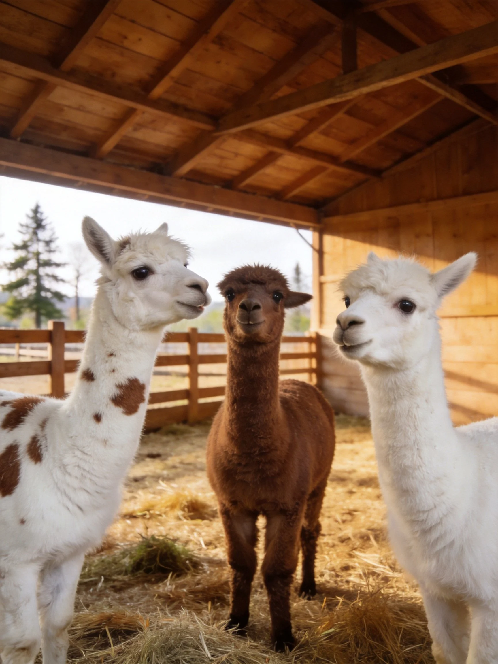 Three alpacas with varied coat patterns in a wooden shelter