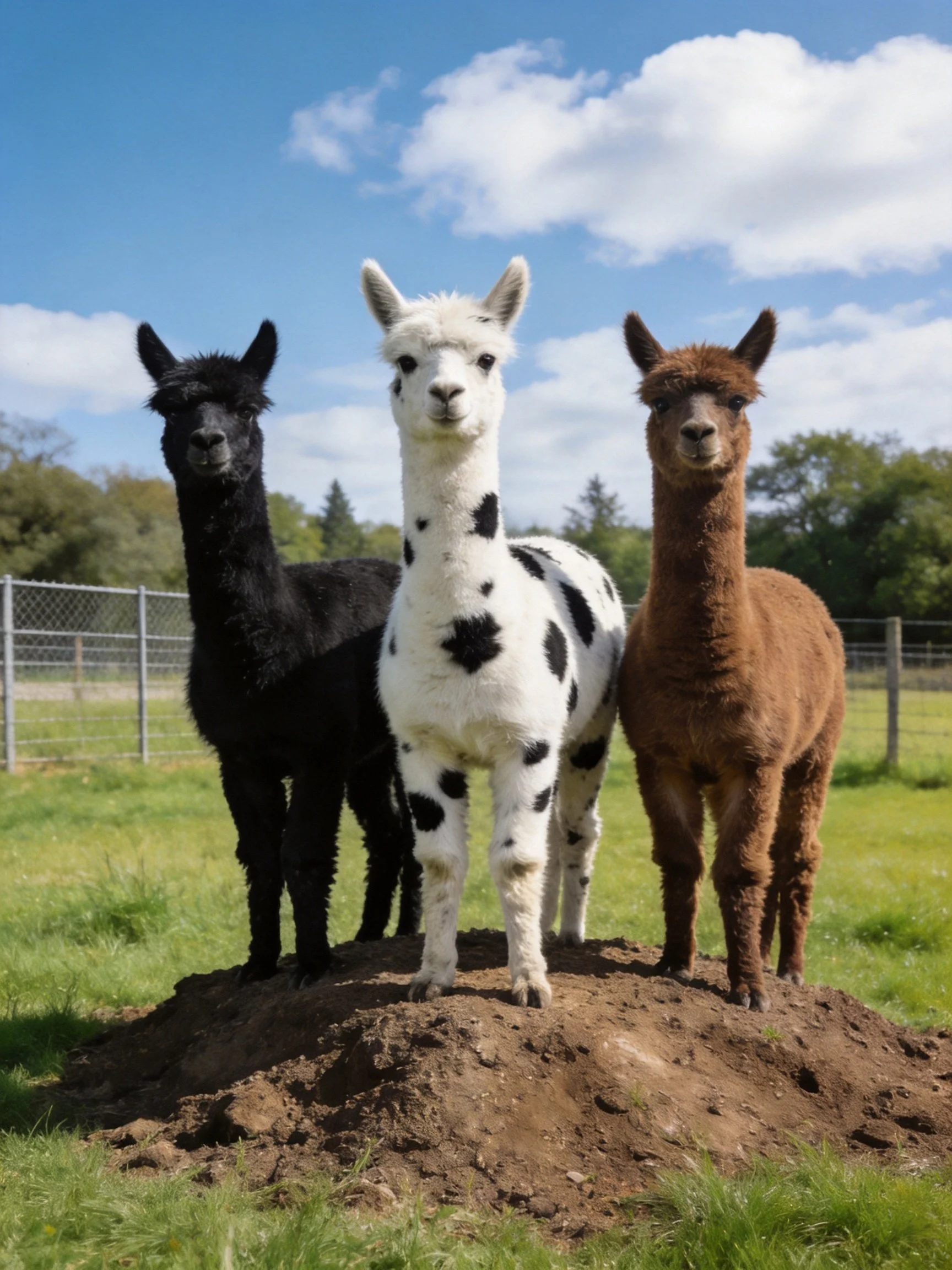 Three alpacas with varied coats stand on a mound in a sunny field