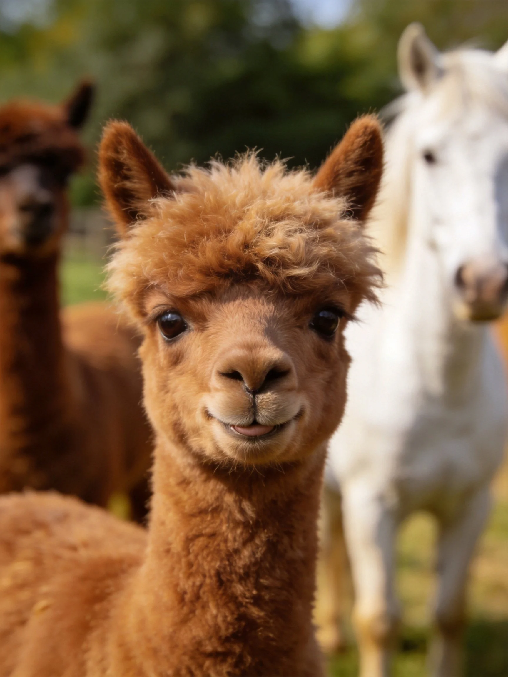 Three brown alpacas and a white horse in a sunny pasture