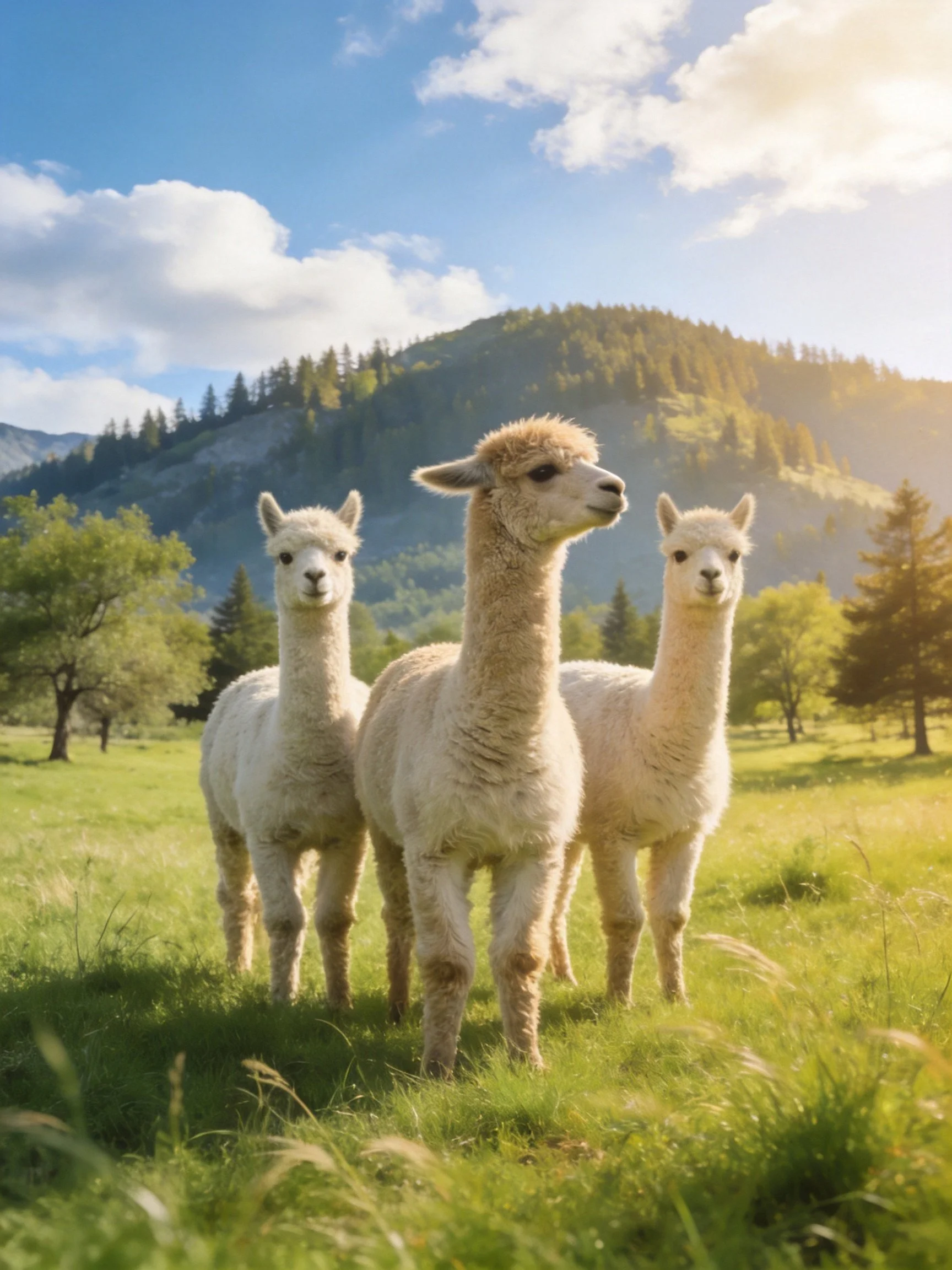 Three fluffy white alpacas in a lush green meadow with forested hills