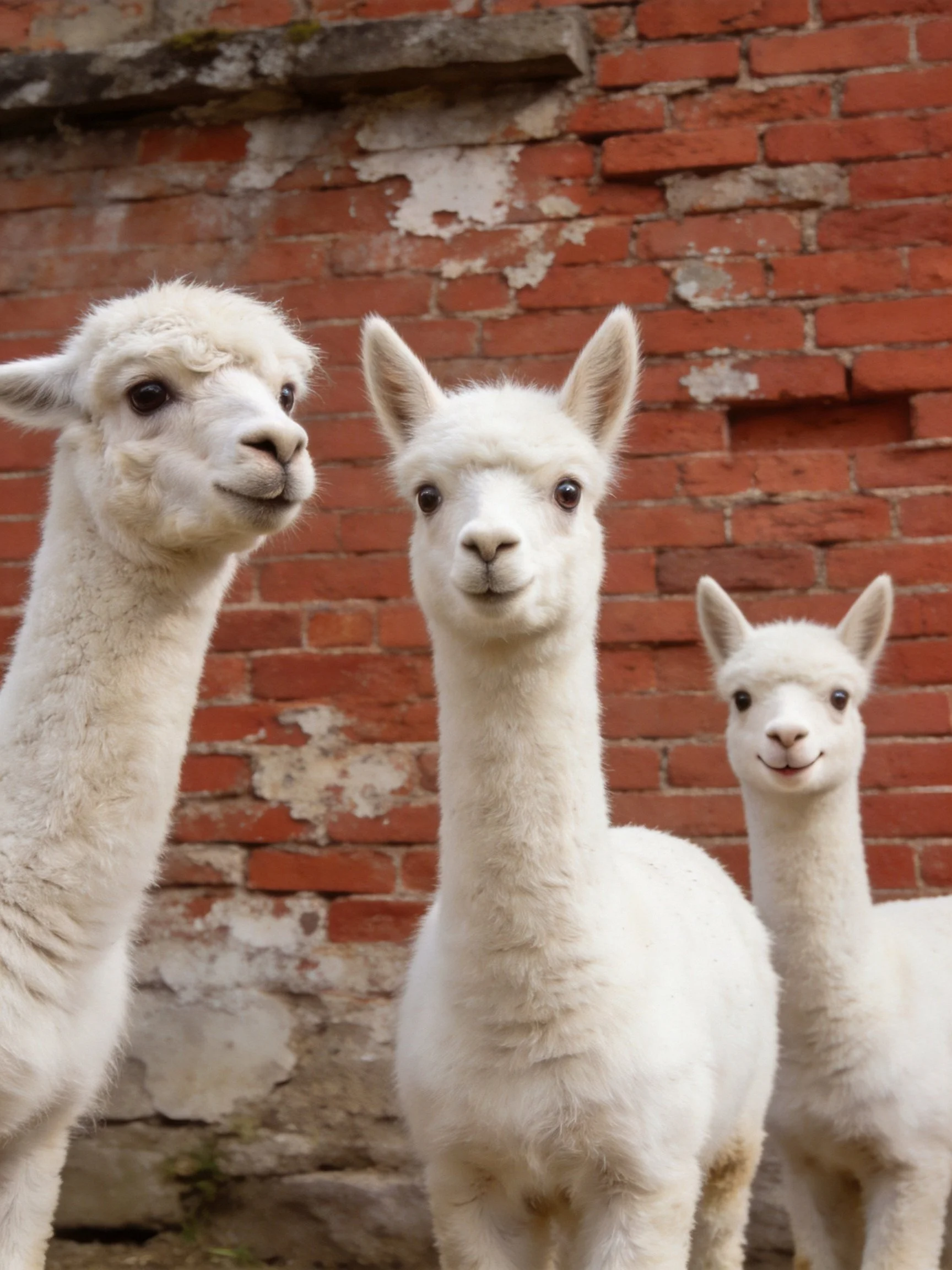 Three fluffy white alpacas near an aged red brick wall
