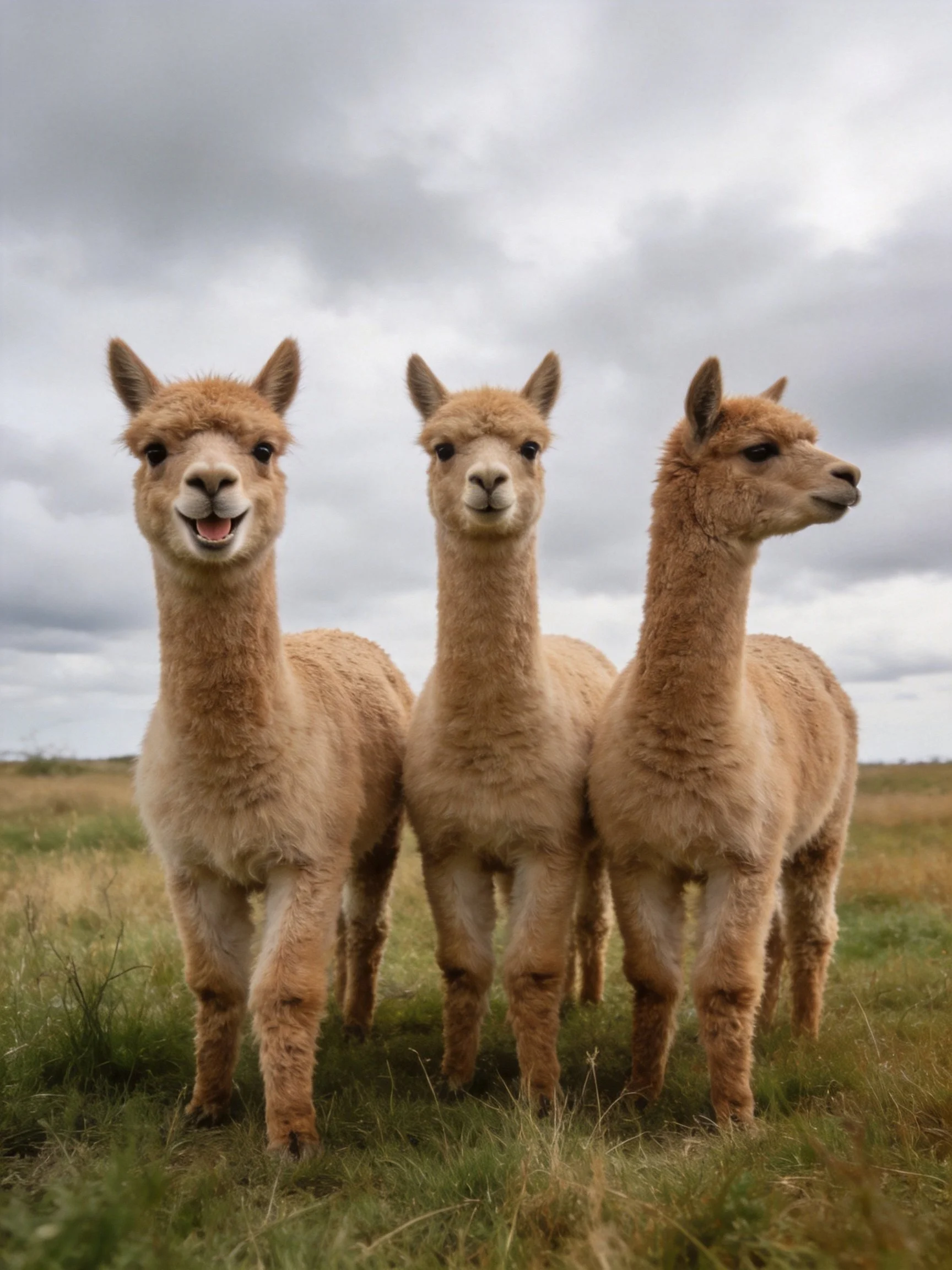 Three light brown alpacas in a grassy field under cloudy sky