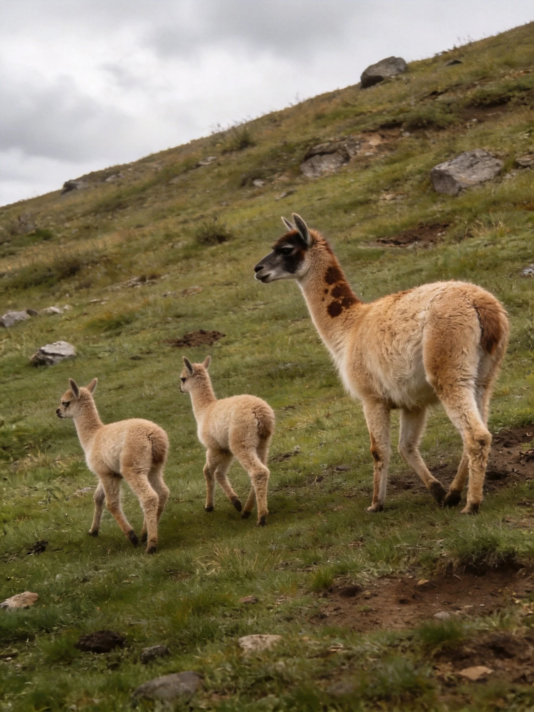 Three tan llamas roam a grassy rocky hill under cloudy skies