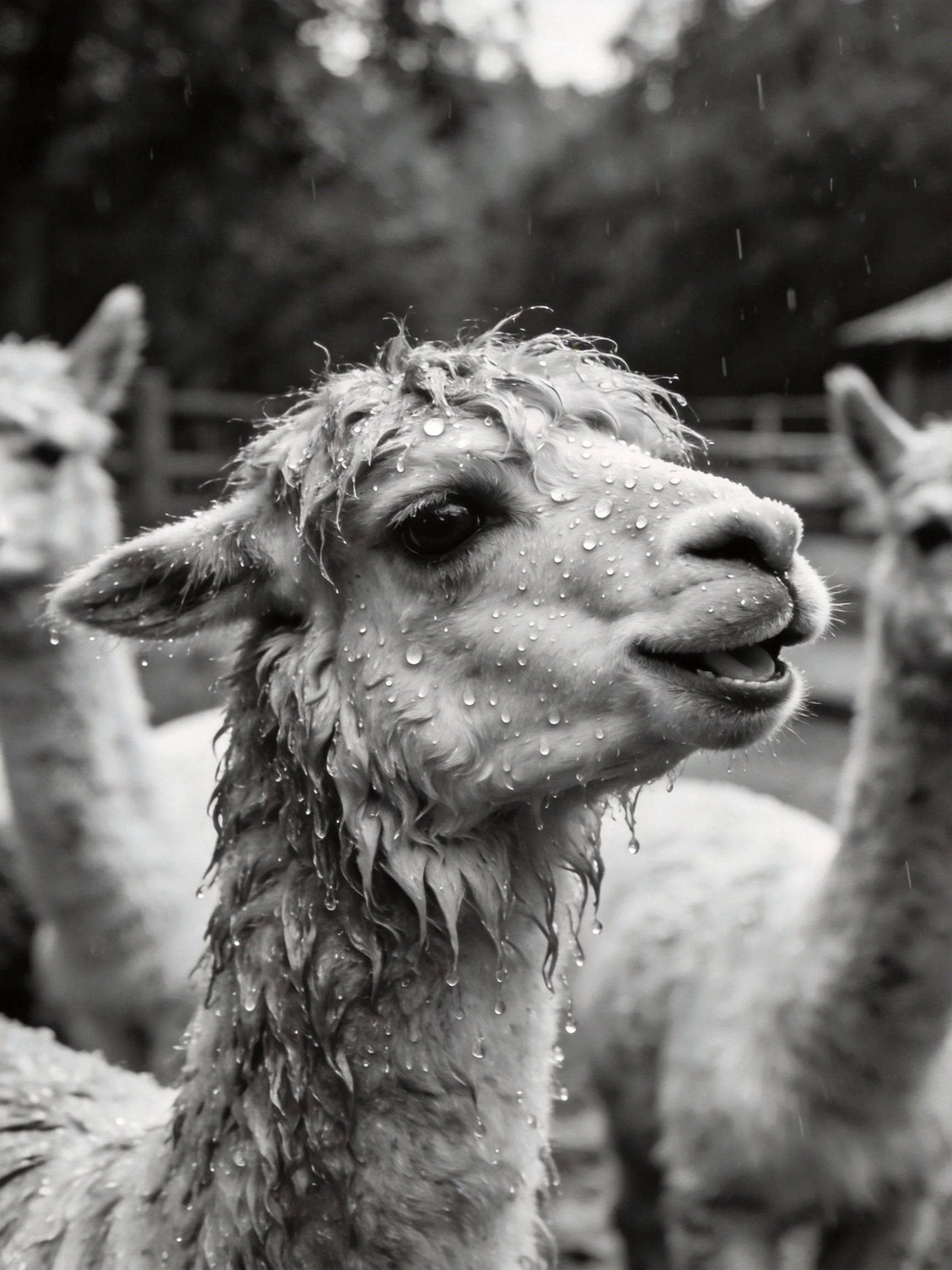 Three wet alpacas with water droplets in a rainy outdoor enclosure
