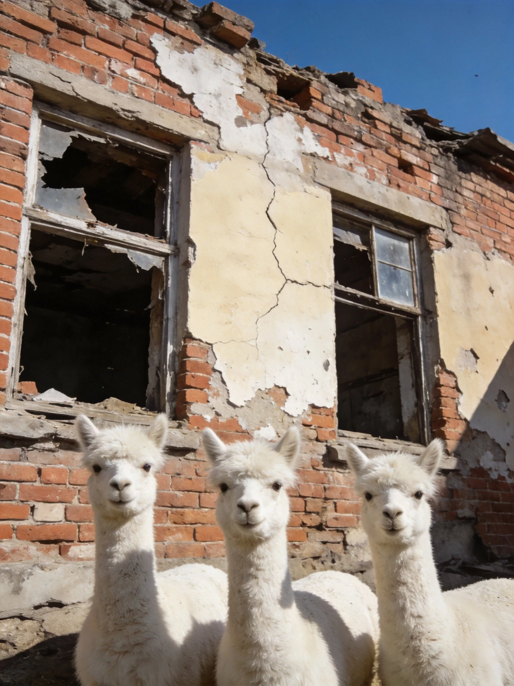 Three white alpacas near a weathered brick building with broken windows