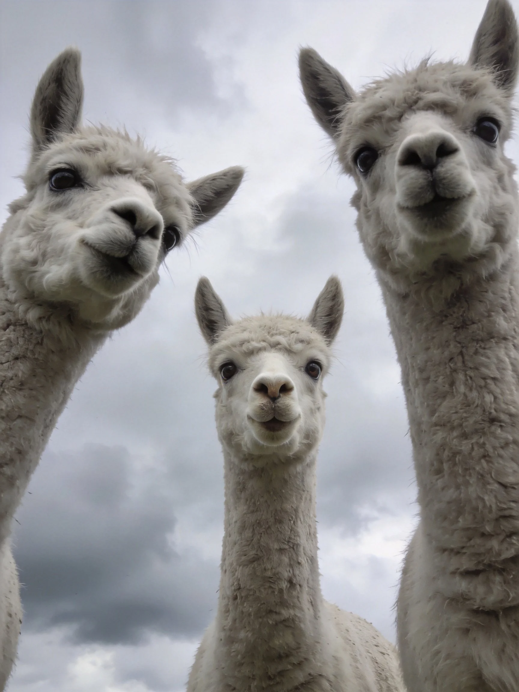 Three white-furred alpacas gaze upward against a cloudy sky