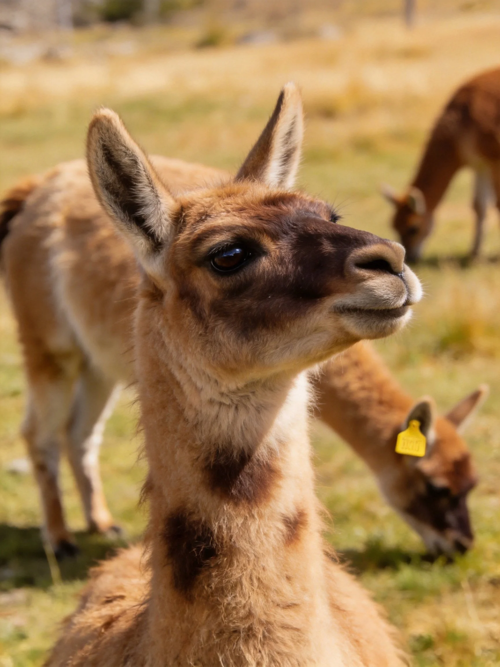 Three young guanacos with brown coats graze in a sunlit field