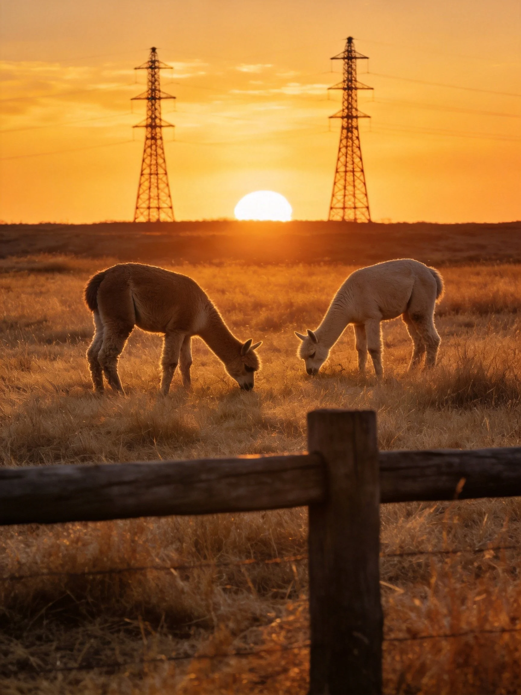 Two alpacas graze in a golden field with tall power towers at sunset