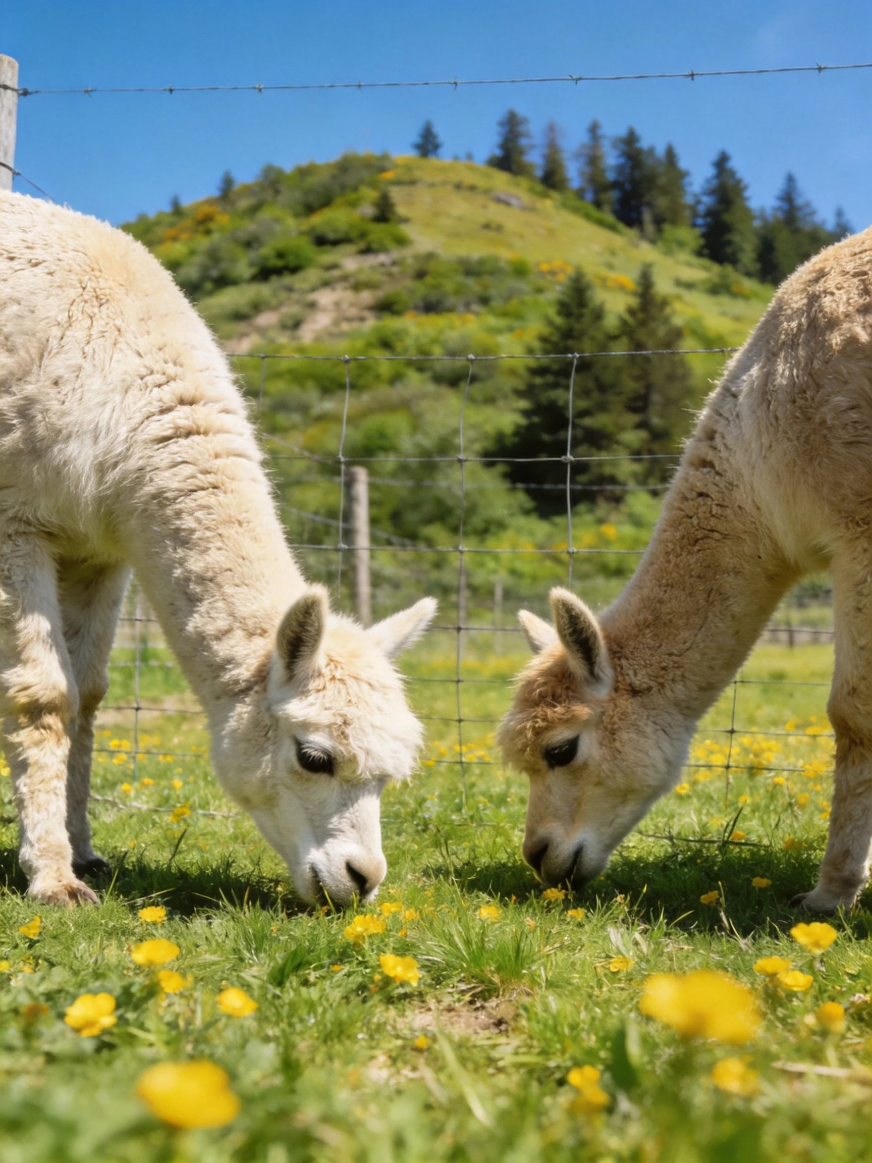 Two alpacas eat grass in a sunny meadow dotted with yellow flowers.